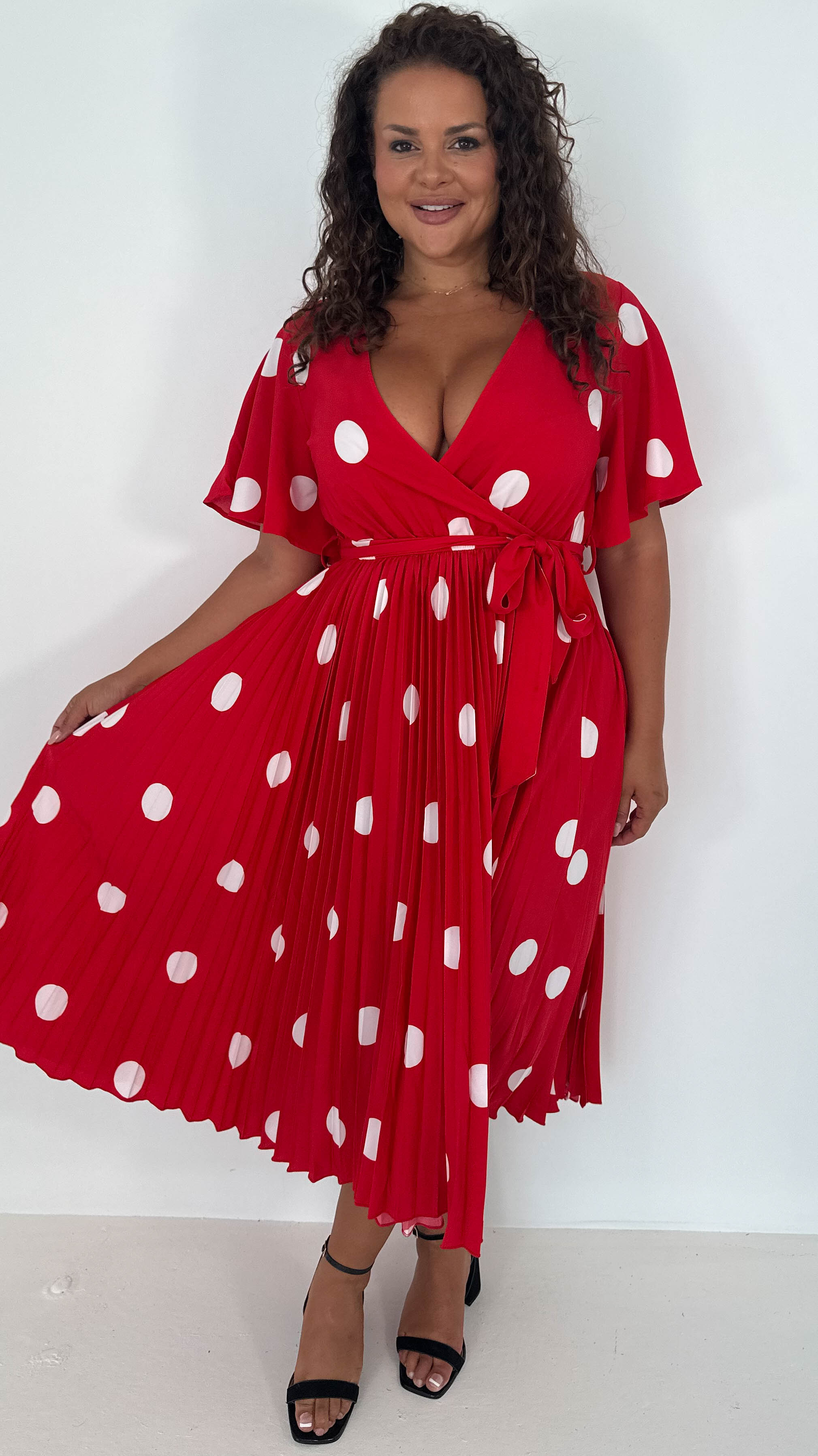 CurveWow Wrap Angel Sleeve Pleated Midi Dress Red Polka Dots