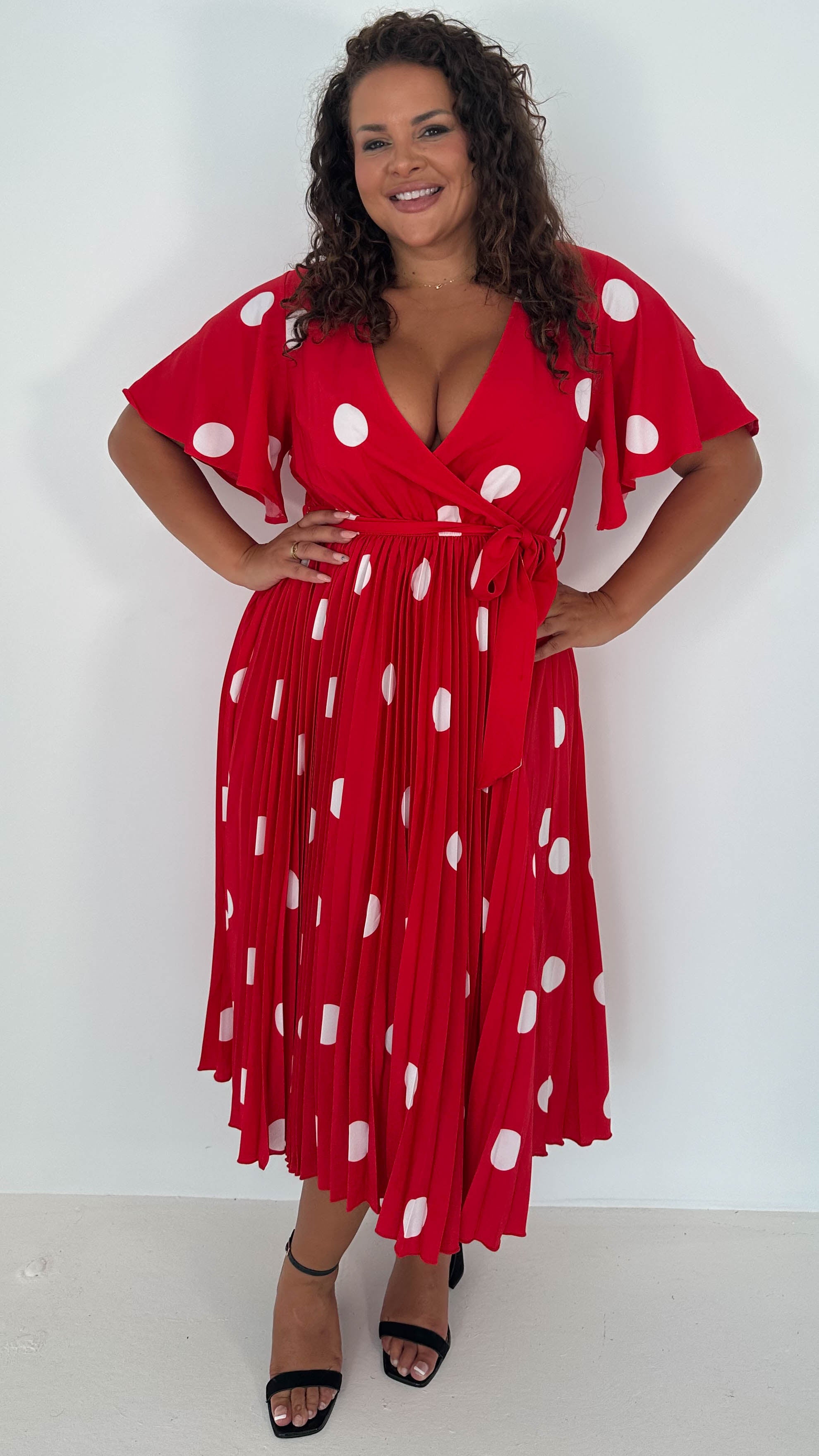 CurveWow Wrap Angel Sleeve Pleated Midi Dress Red Polka Dots