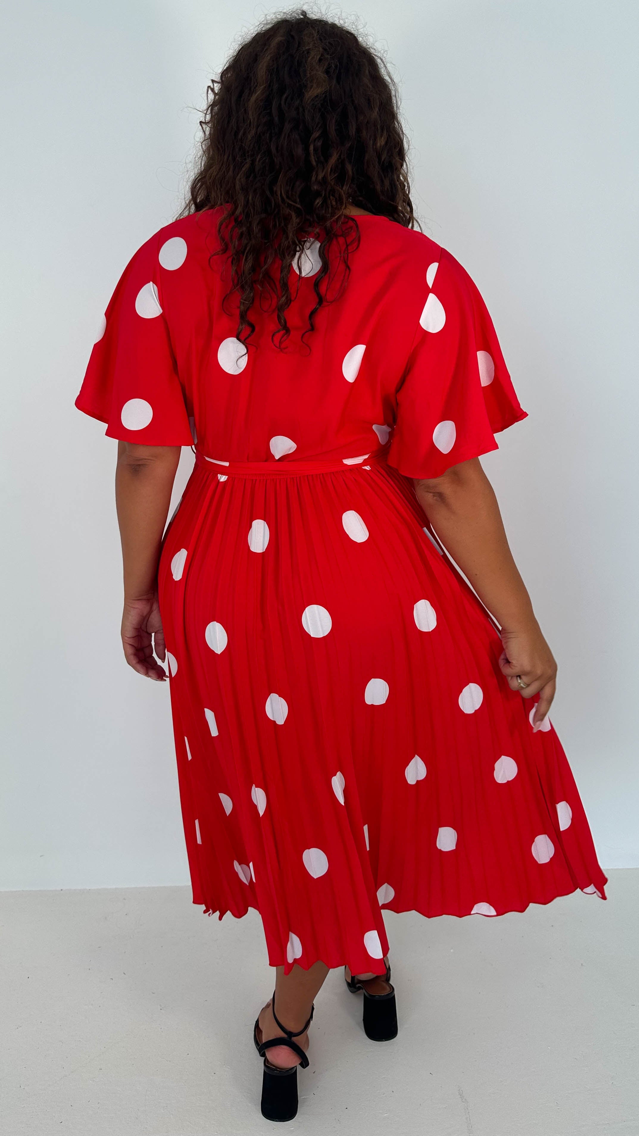 CurveWow Wrap Angel Sleeve Pleated Midi Dress Red Polka Dots