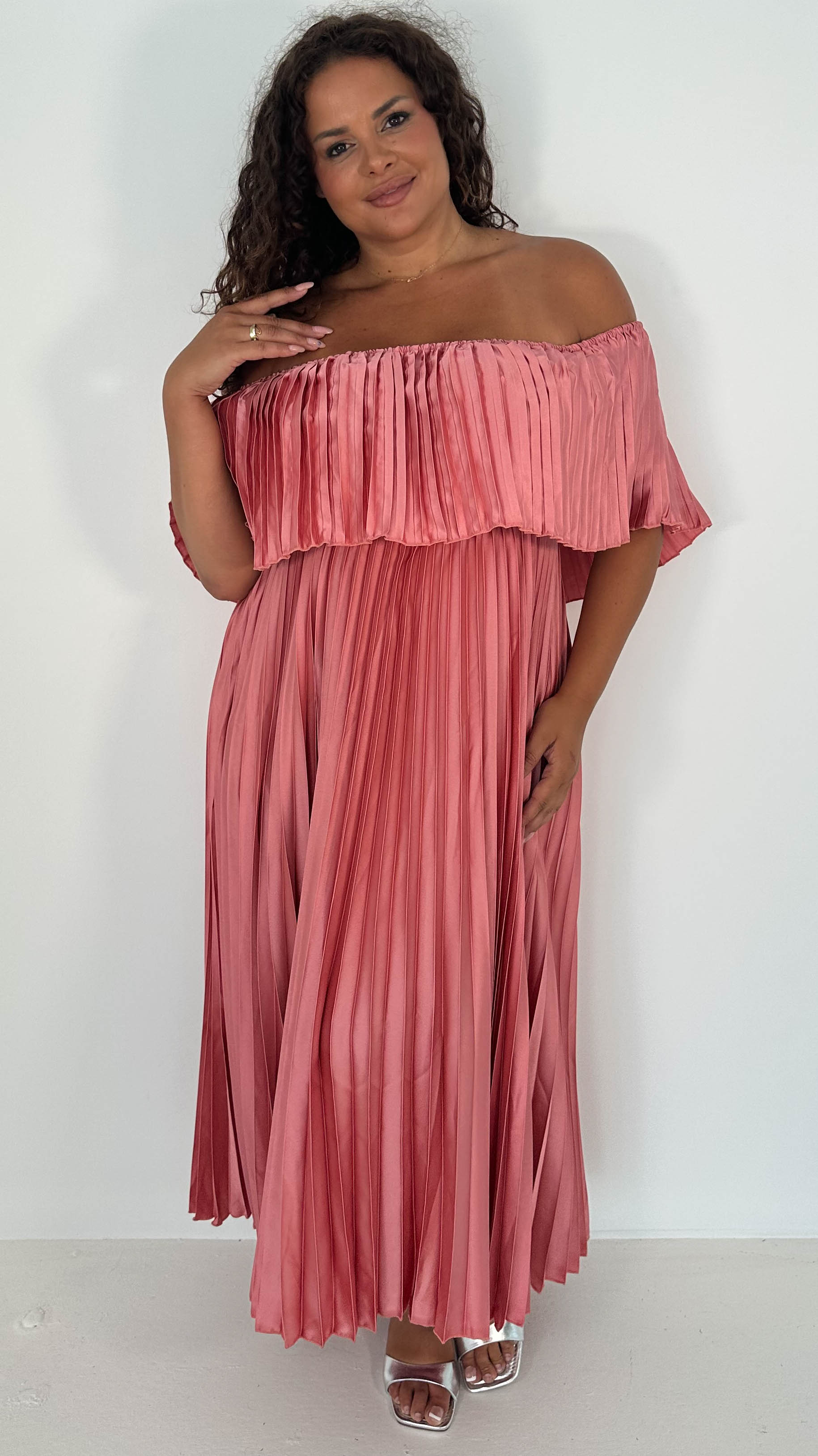 CurveWow Pleated Bardot Maxi Dress Blush