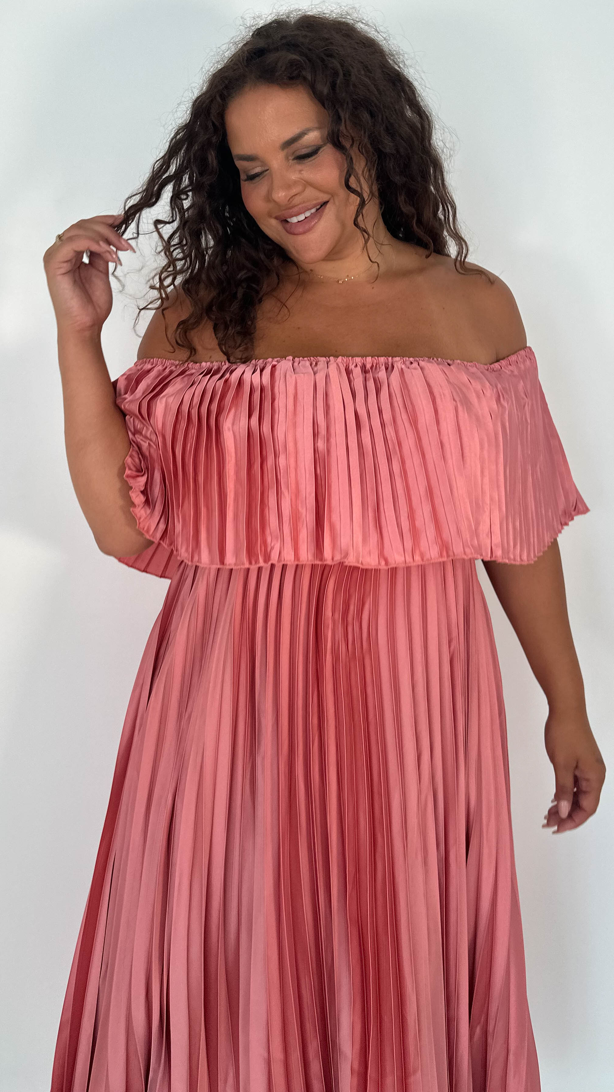 CurveWow Pleated Bardot Maxi Dress Blush - Main Image