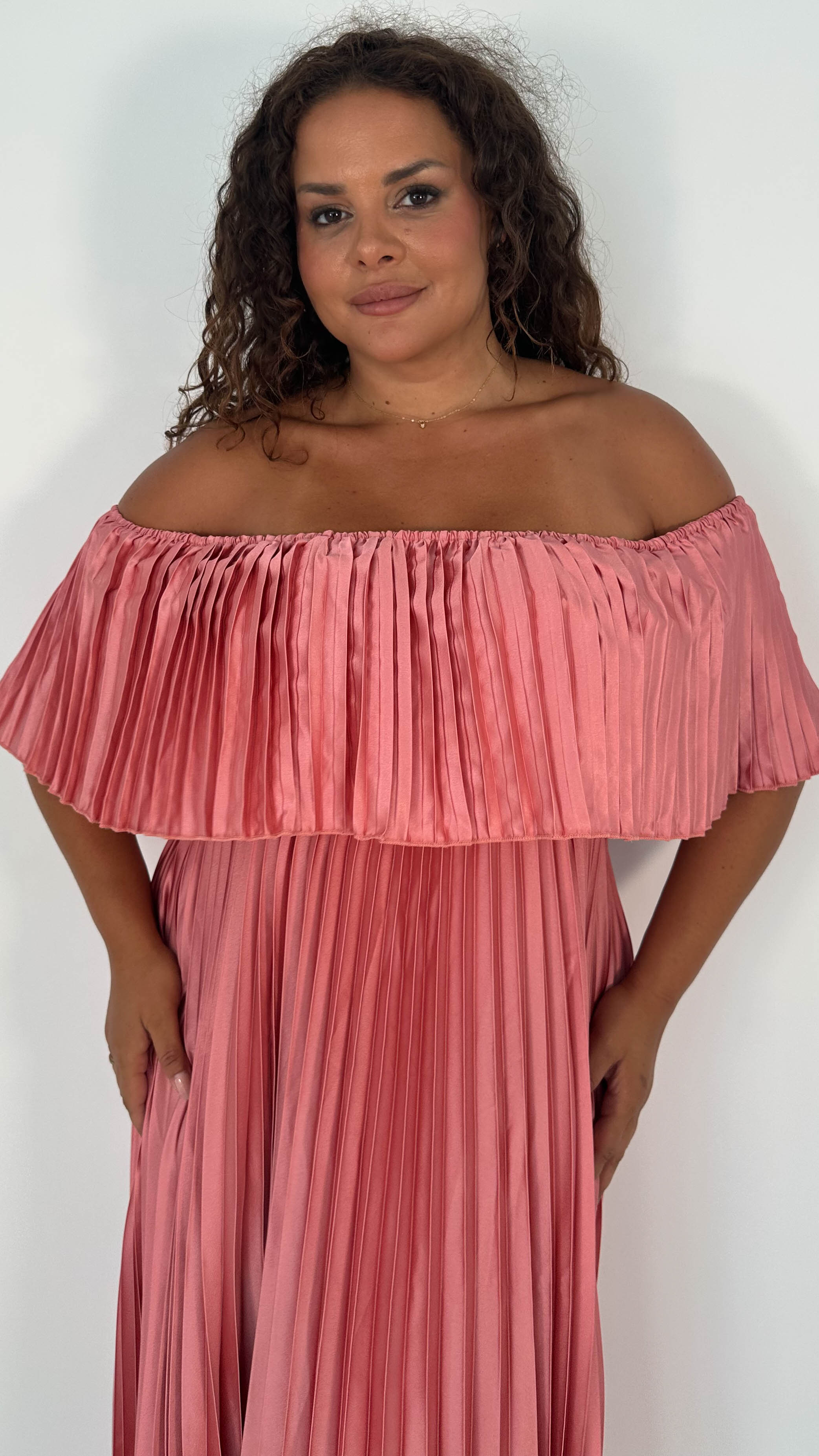 CurveWow Pleated Bardot Maxi Dress Blush