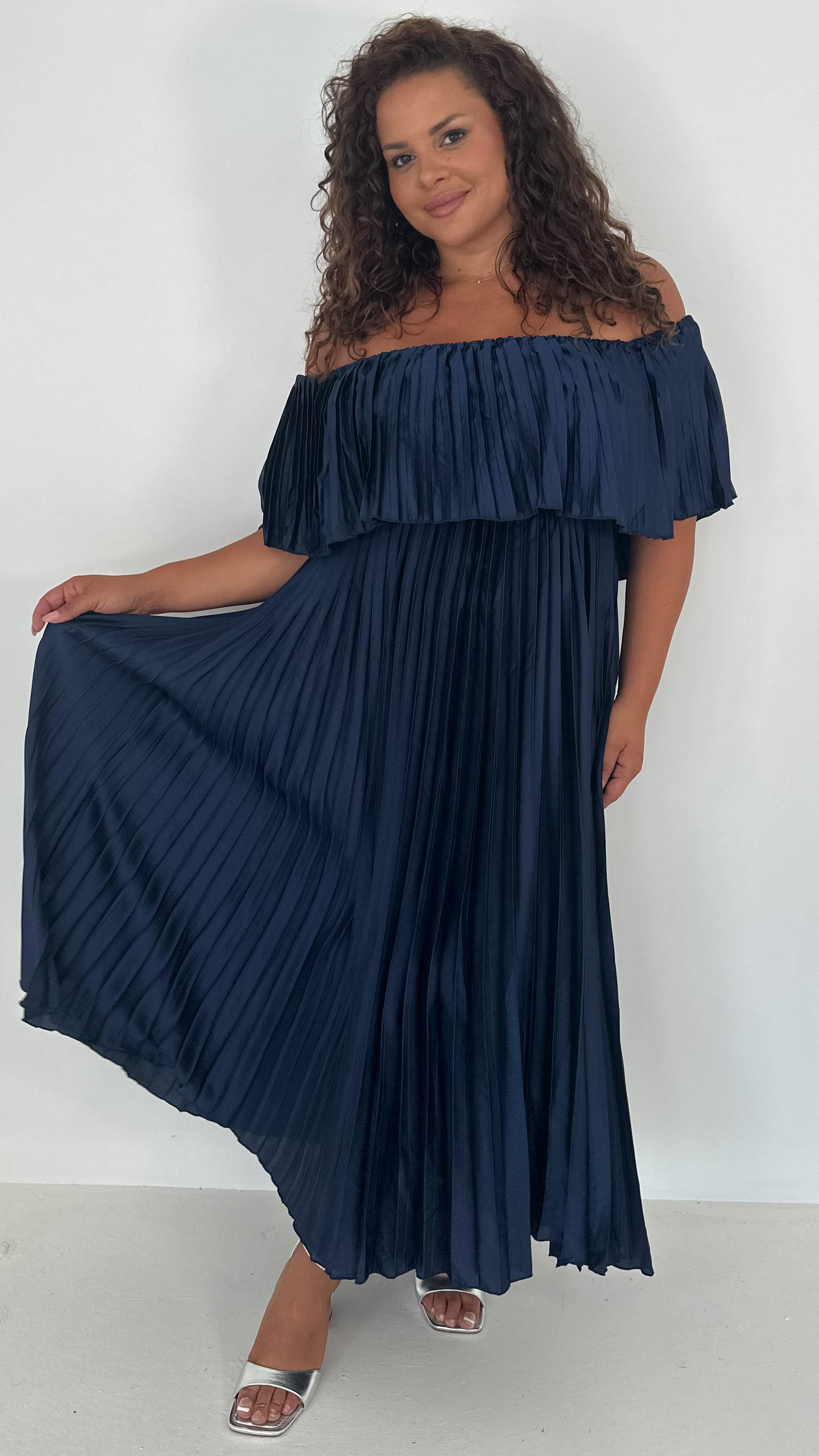 CurveWow Pleated Bardot Maxi Dress Navy