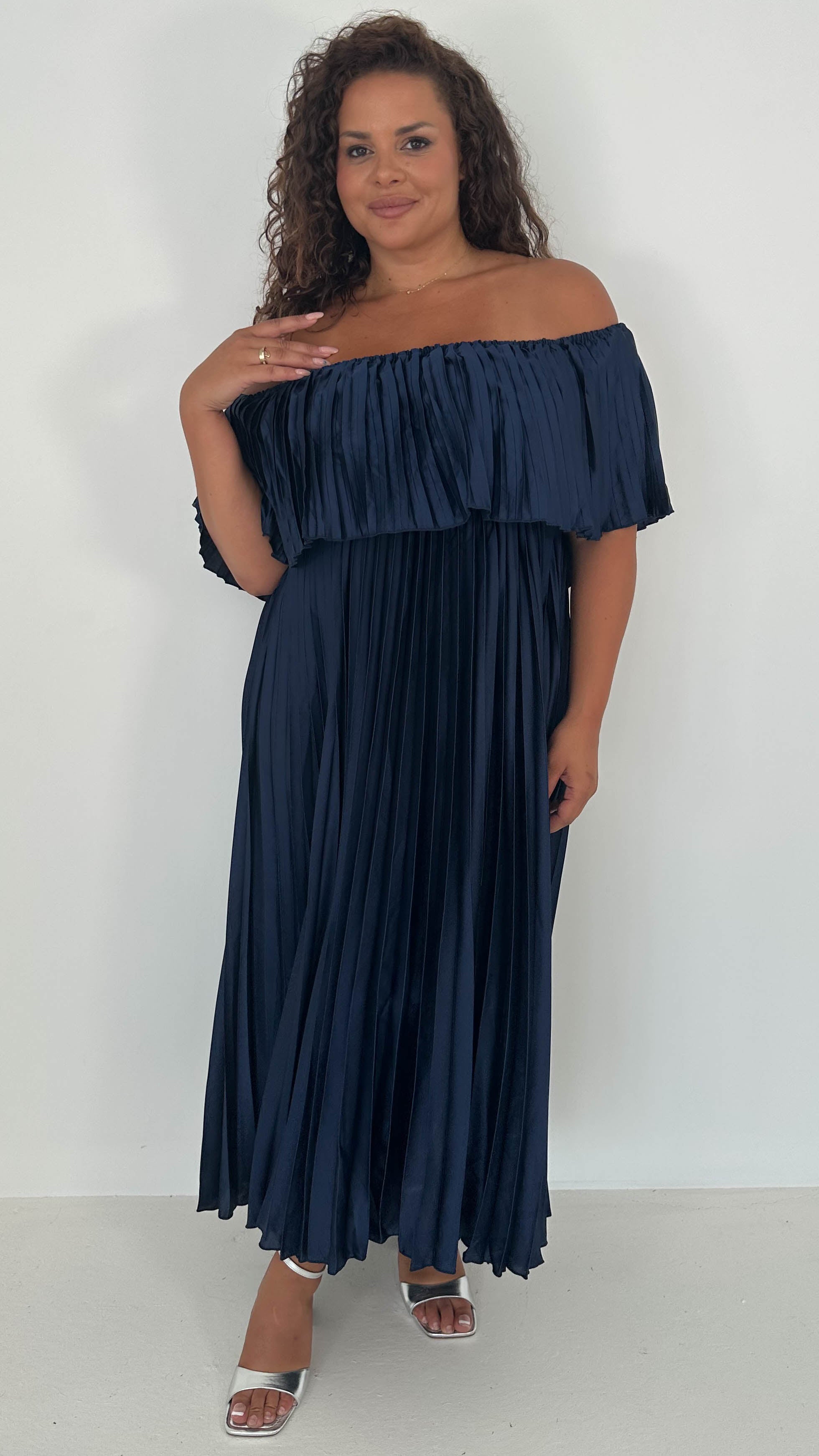 CurveWow Pleated Bardot Maxi Dress Navy