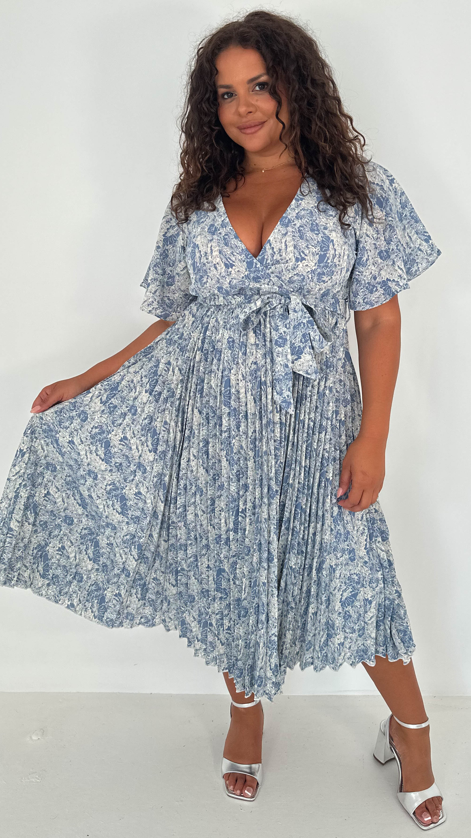 CurveWow Wrap Angel Sleeve Pleated Midi Dress Blue
