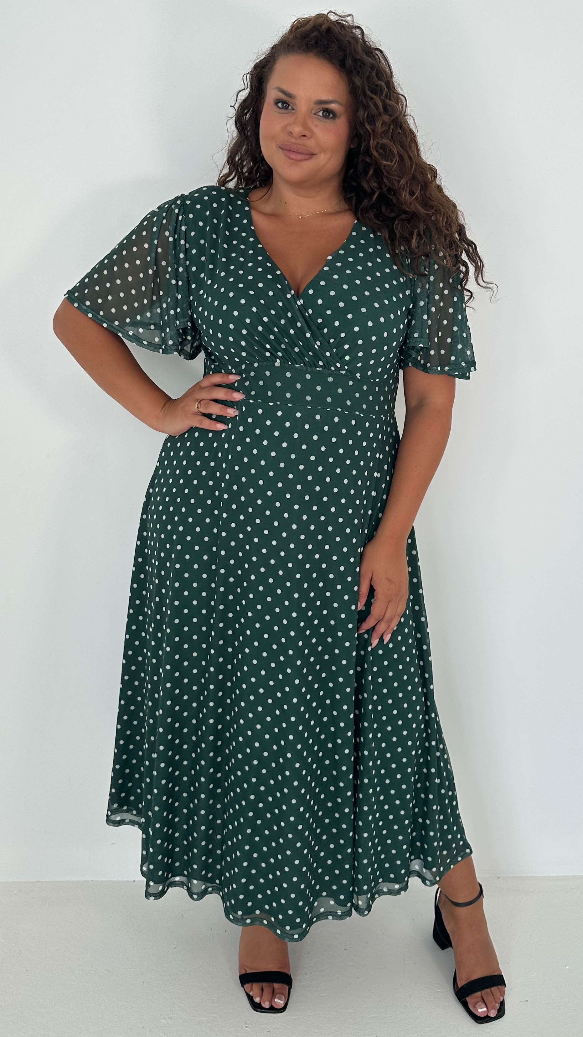 CurveWow Mesh Angel Sleeve Dress Green Spot
