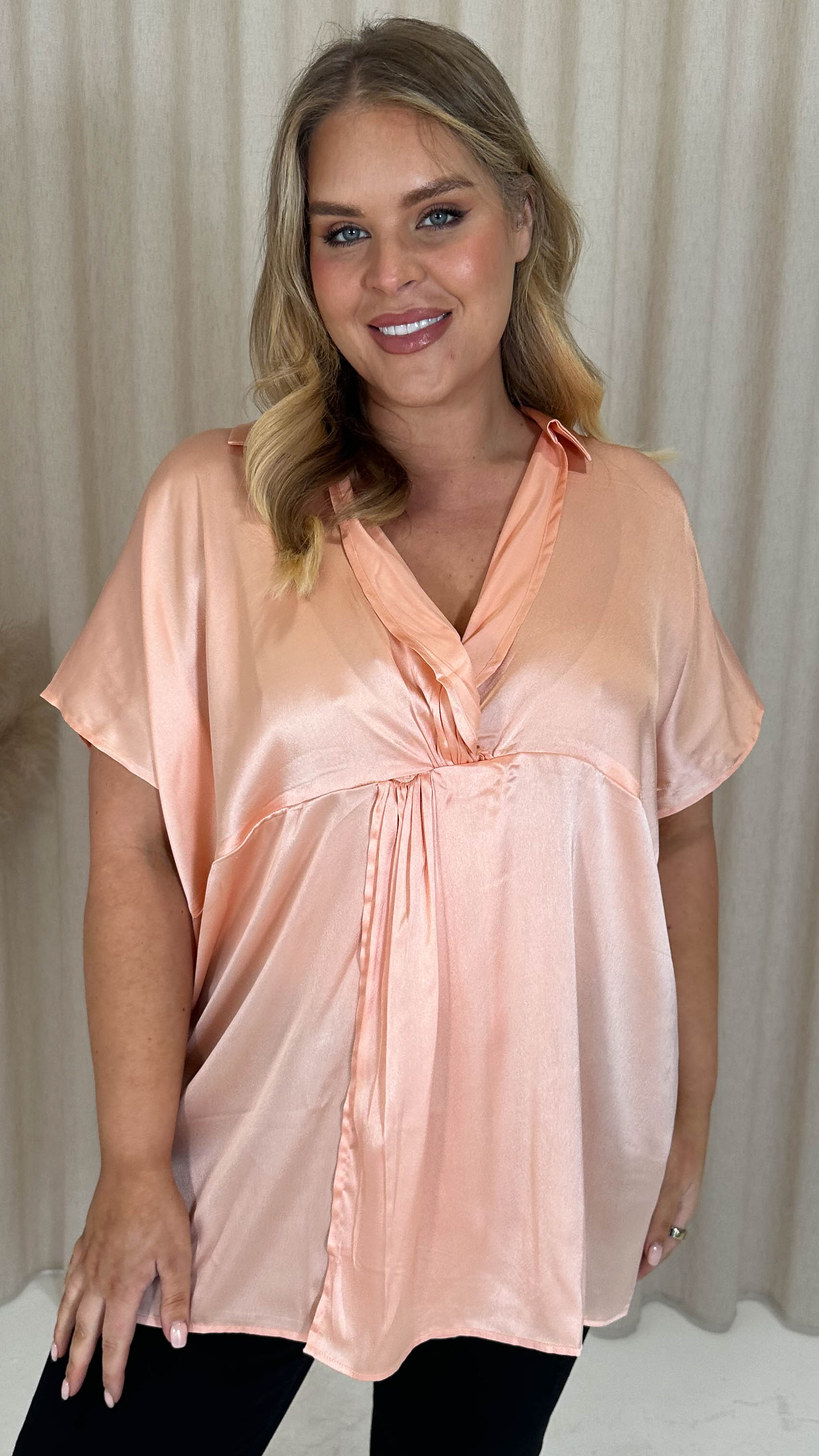 CurveWow Satin Twist Collared Top Champagne