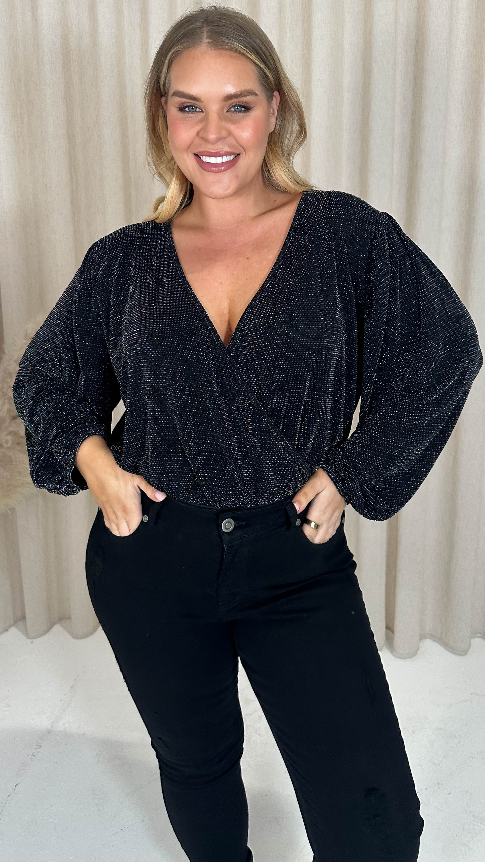 CurveWow Glitter Wrap Bodysuit Black