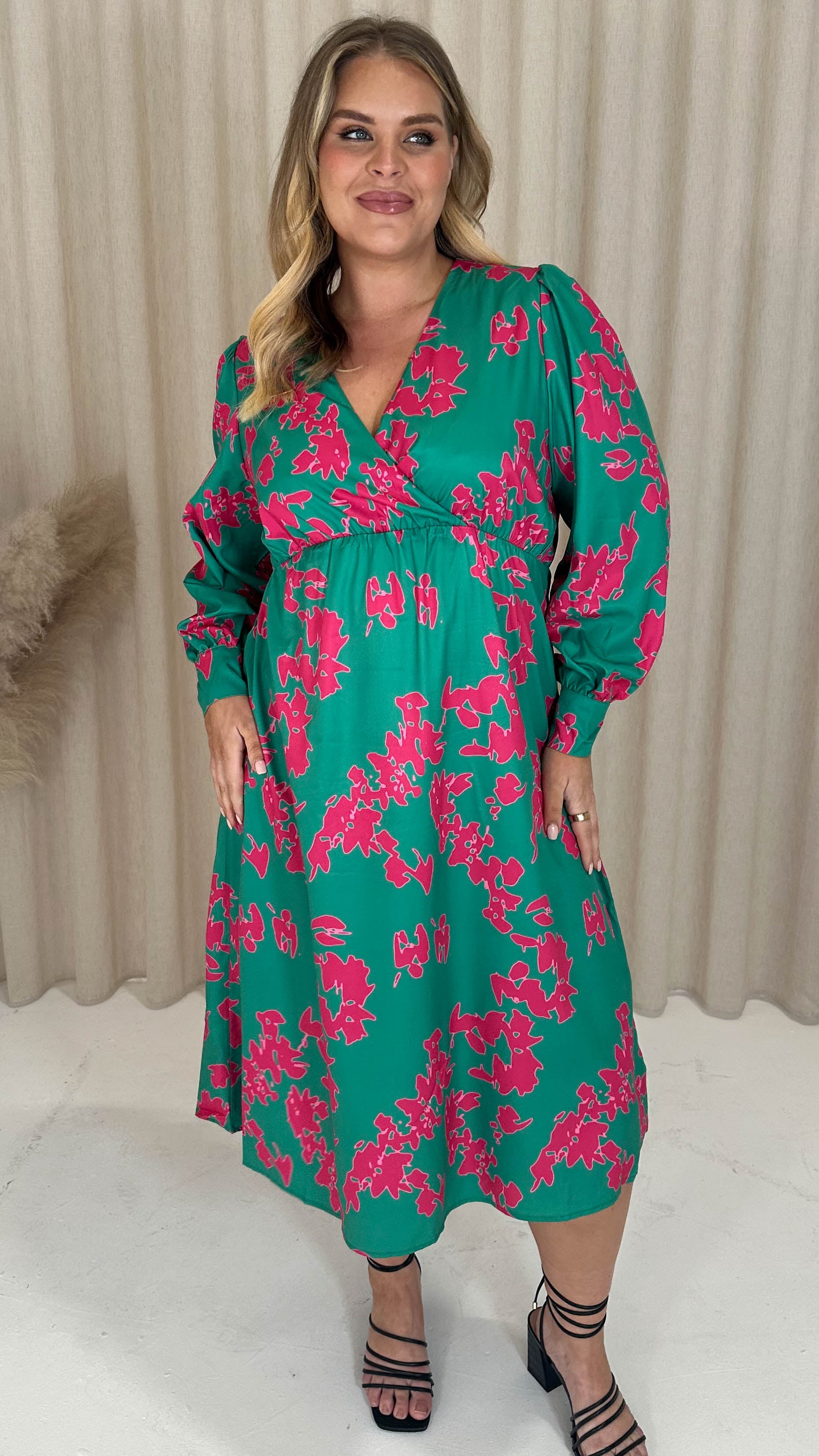 CurveWow Drape Front Skater Midi Dress Green Floral