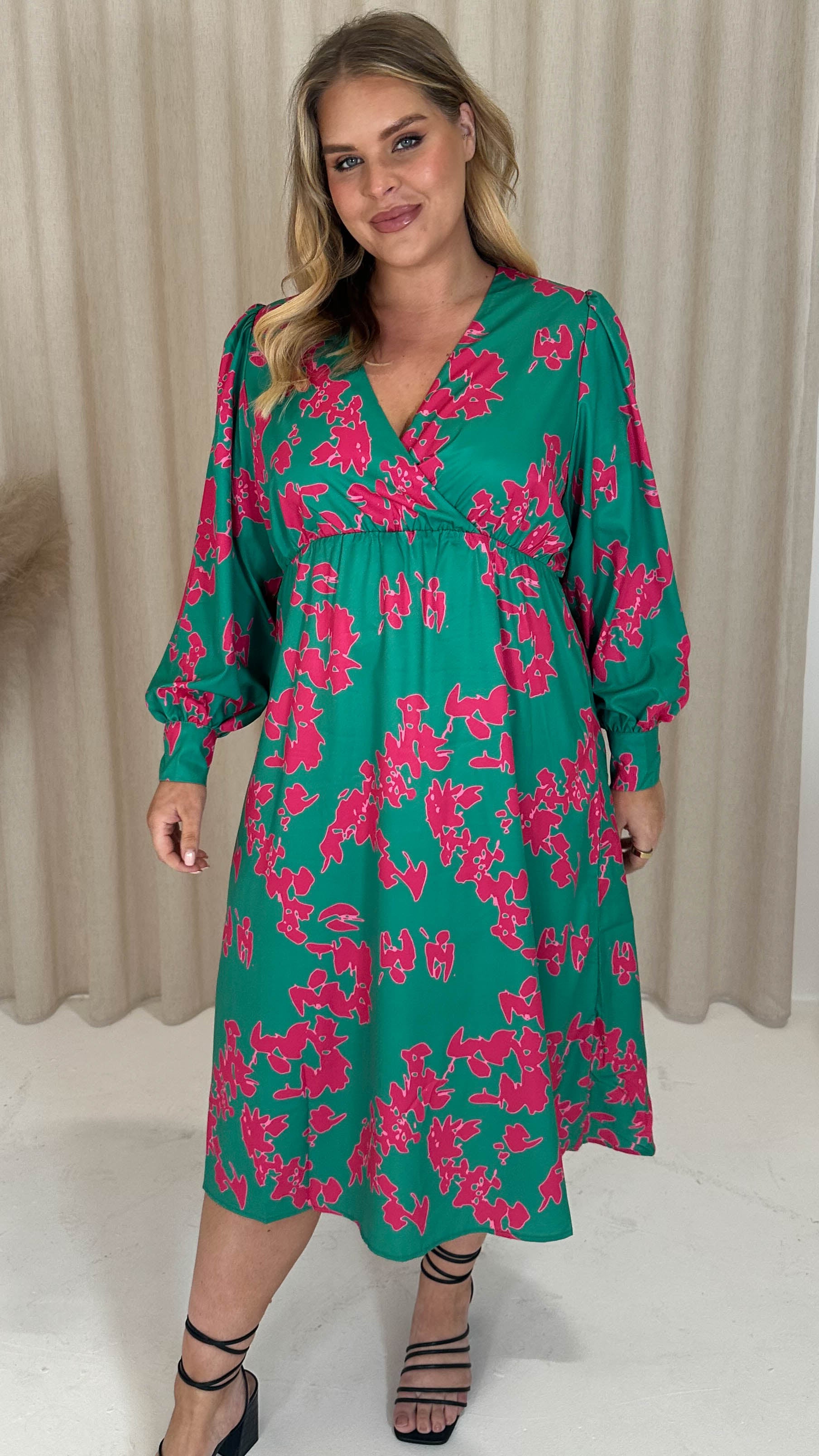 CurveWow Drape Front Skater Midi Dress Green Floral