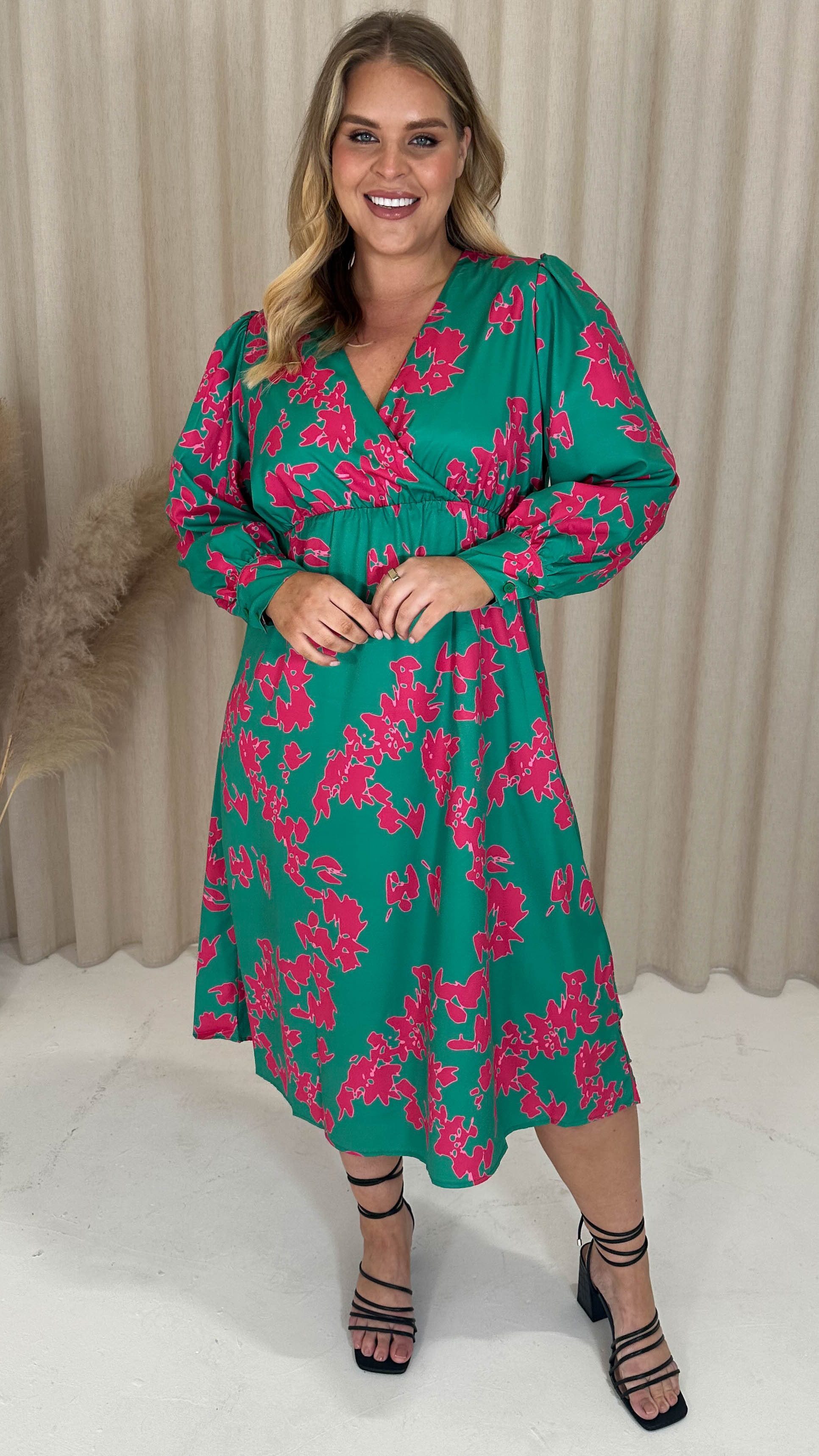 CurveWow Drape Front Skater Midi Dress Green Floral