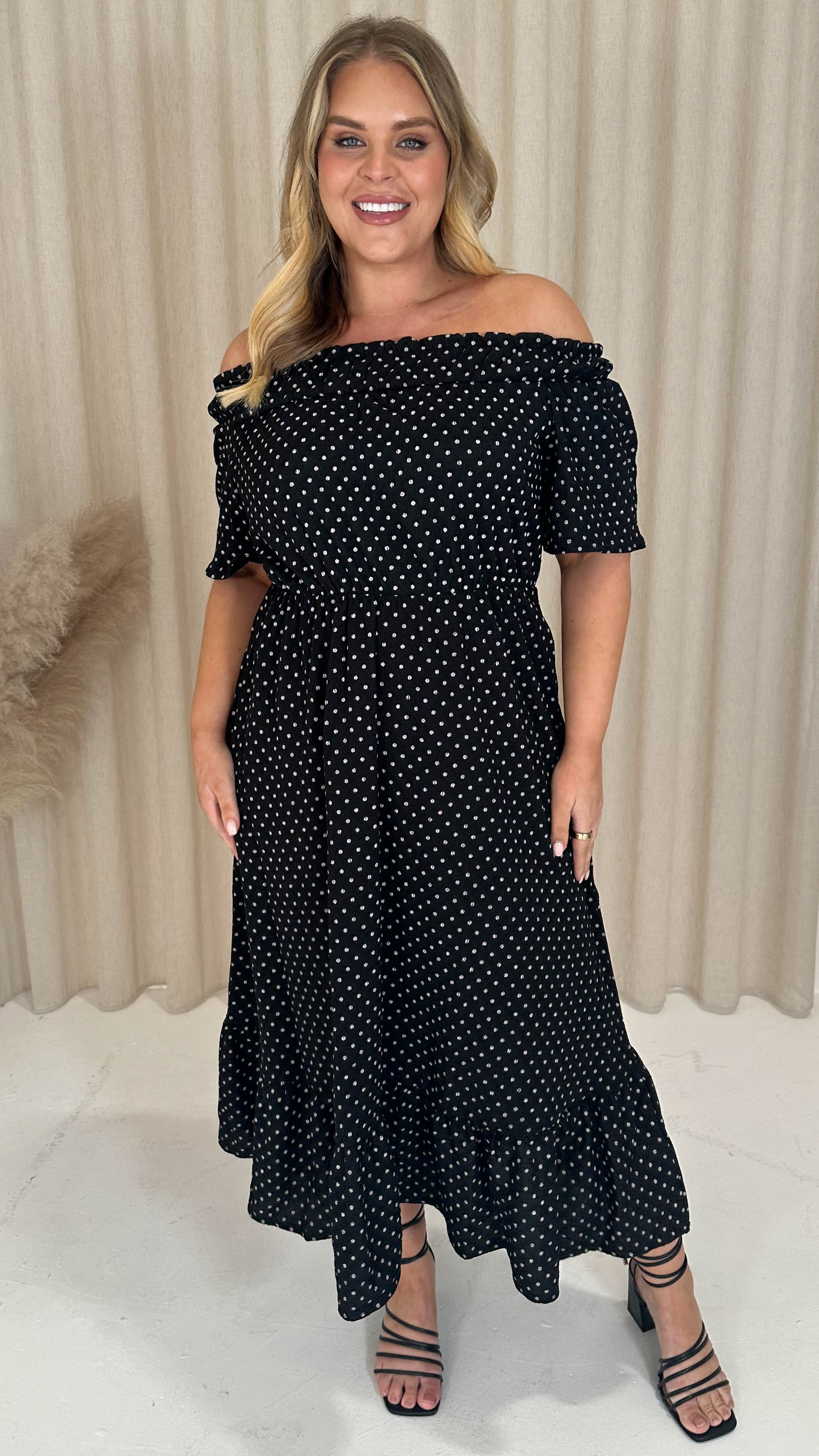 CurveWow Elasticated Waist Bardot Maxi Dress Black Polka Curvewow CurveWow Elasticated Waist Bardot Maxi Dress Black Polka Curvewow