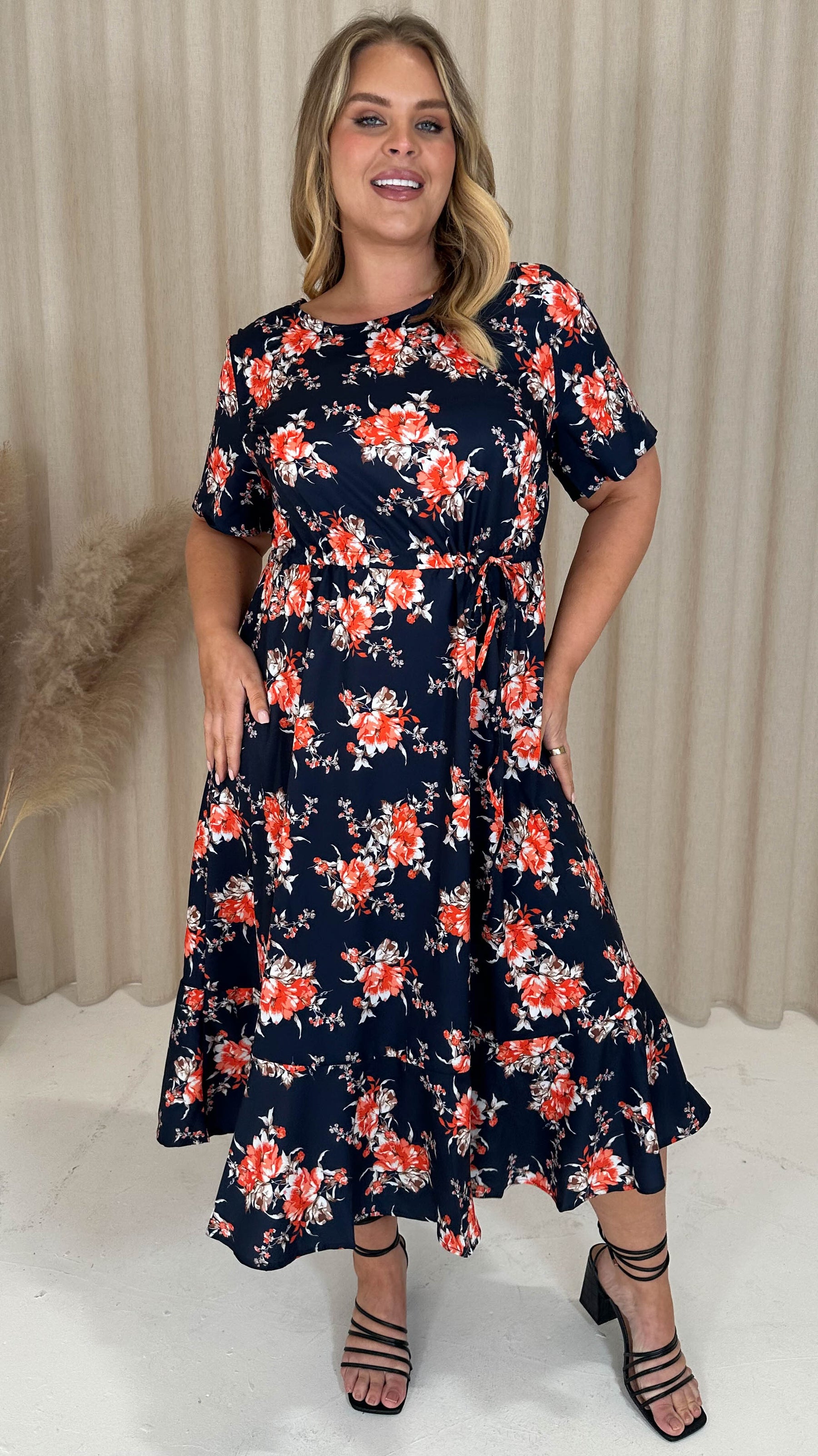 CurveWow Frill Hem Midi Dress Navy Orange Floral Curvewow CurveWow Frill Hem Midi Dress Navy Orange Floral Curvewow