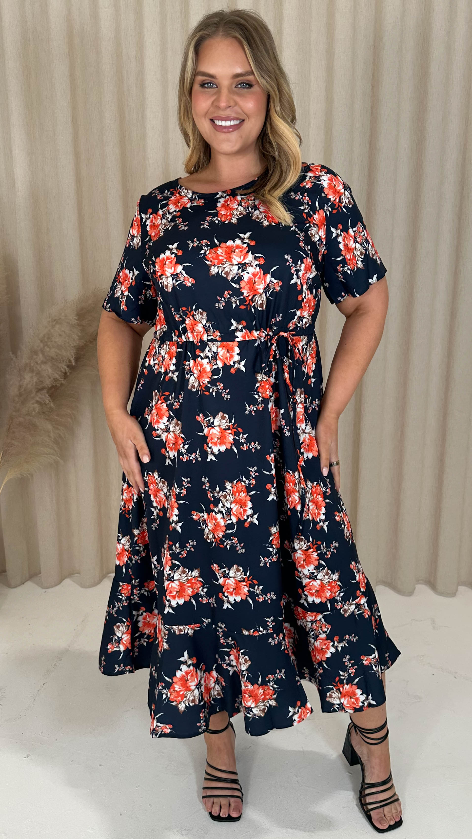 CurveWow Frill Hem Midi Dress Navy Orange Floral Curvewow CurveWow Frill Hem Midi Dress Navy Orange Floral Curvewow