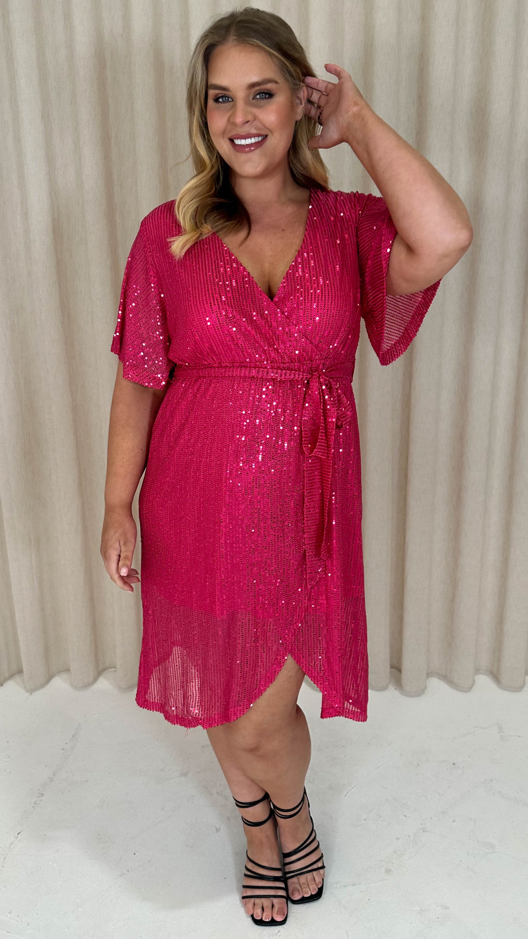 raspberry pink colour dress Raspberry Stretch Satin Long Dress With Wrap-Over Slit And Lace-Up Bac