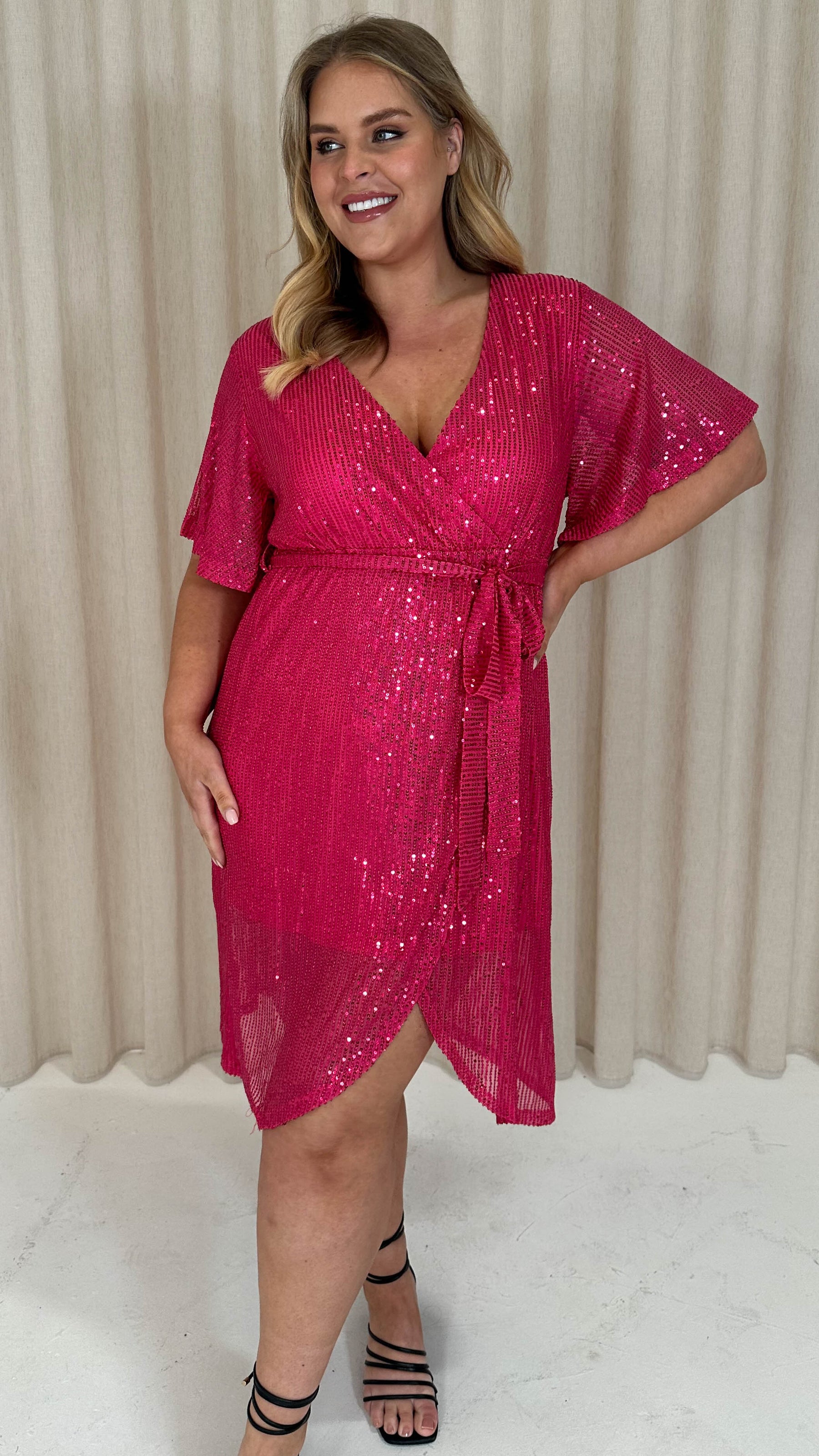 hot pink sequin wrap dress Samantha Sequined Long Sleeve Wrap Dress In Pink