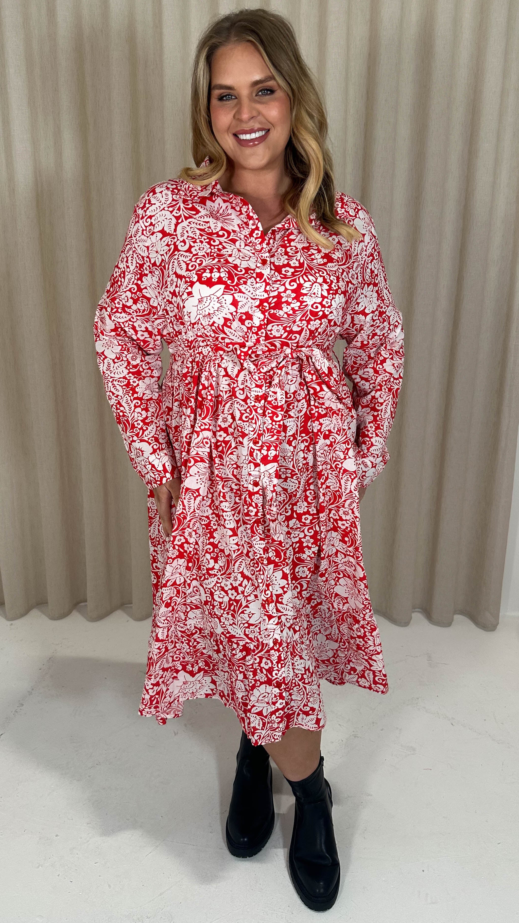 CurveWow Frill Hem Tie Waist Shirt Dress Red Floral Curvewow CurveWow Frill Hem Tie Waist Shirt Dress Red Floral Curvewow