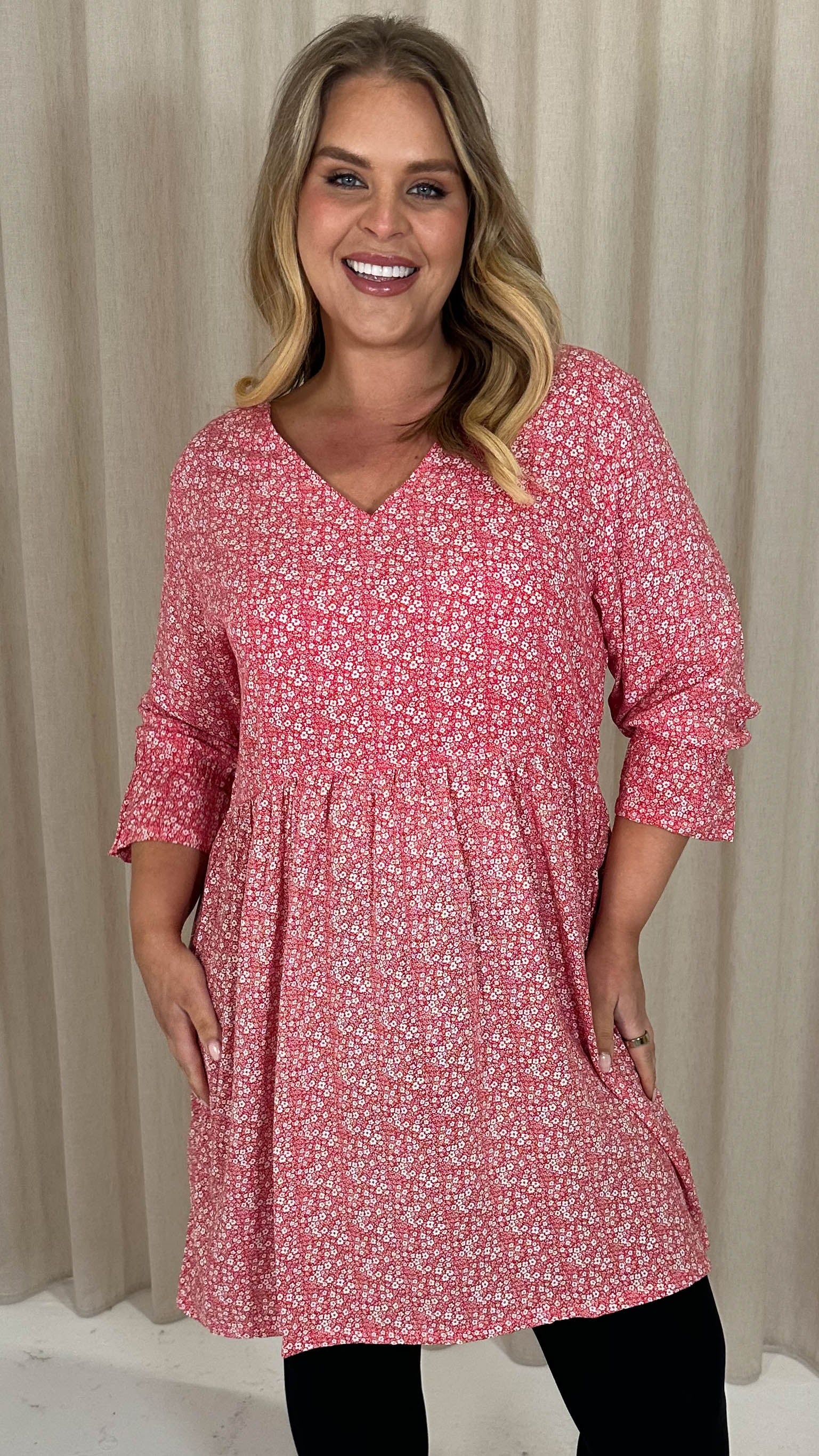 CurveWow Printed Smock Mini Dress Red Ditsy