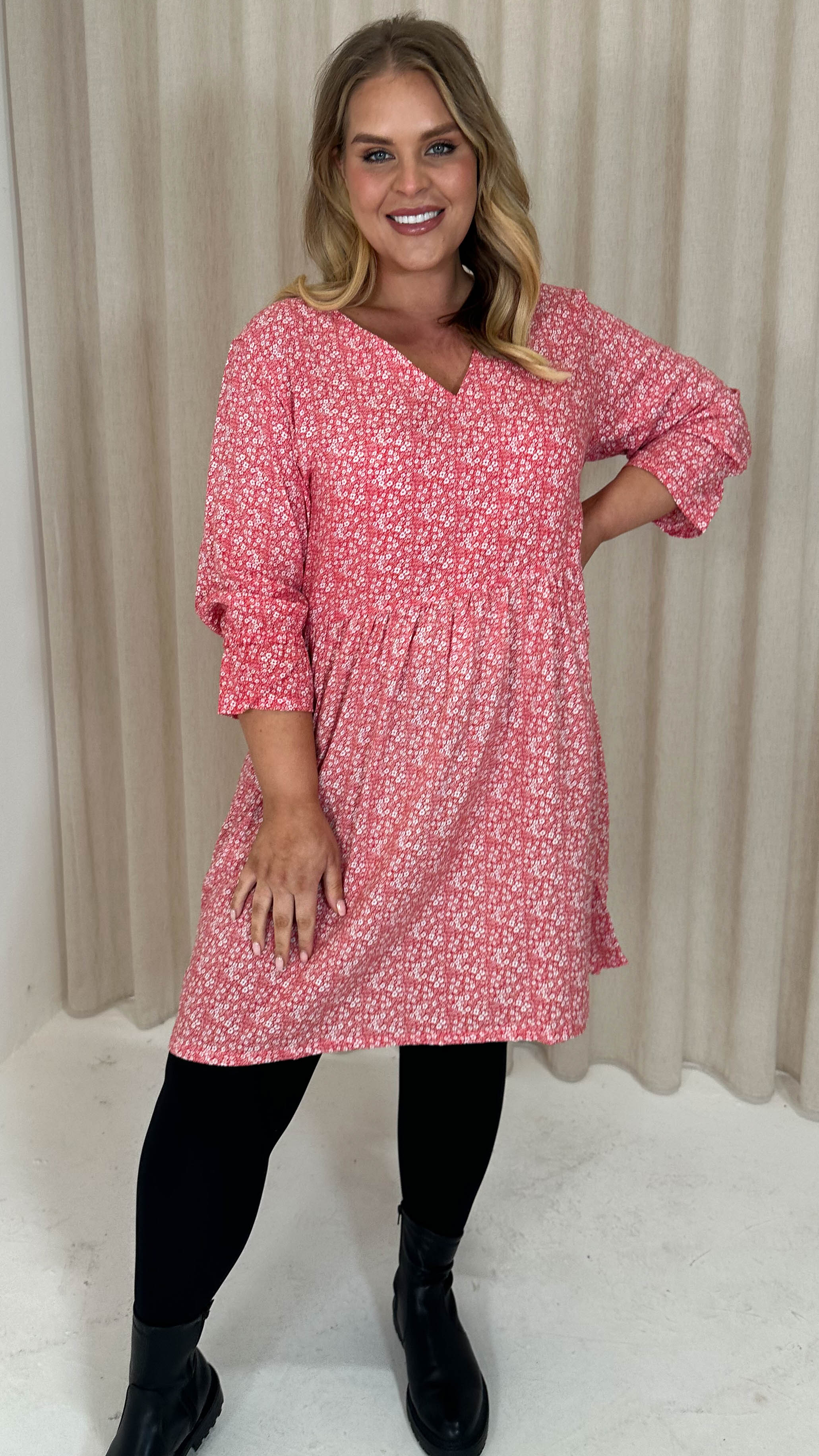 CurveWow Printed Smock Mini Dress Red Ditsy