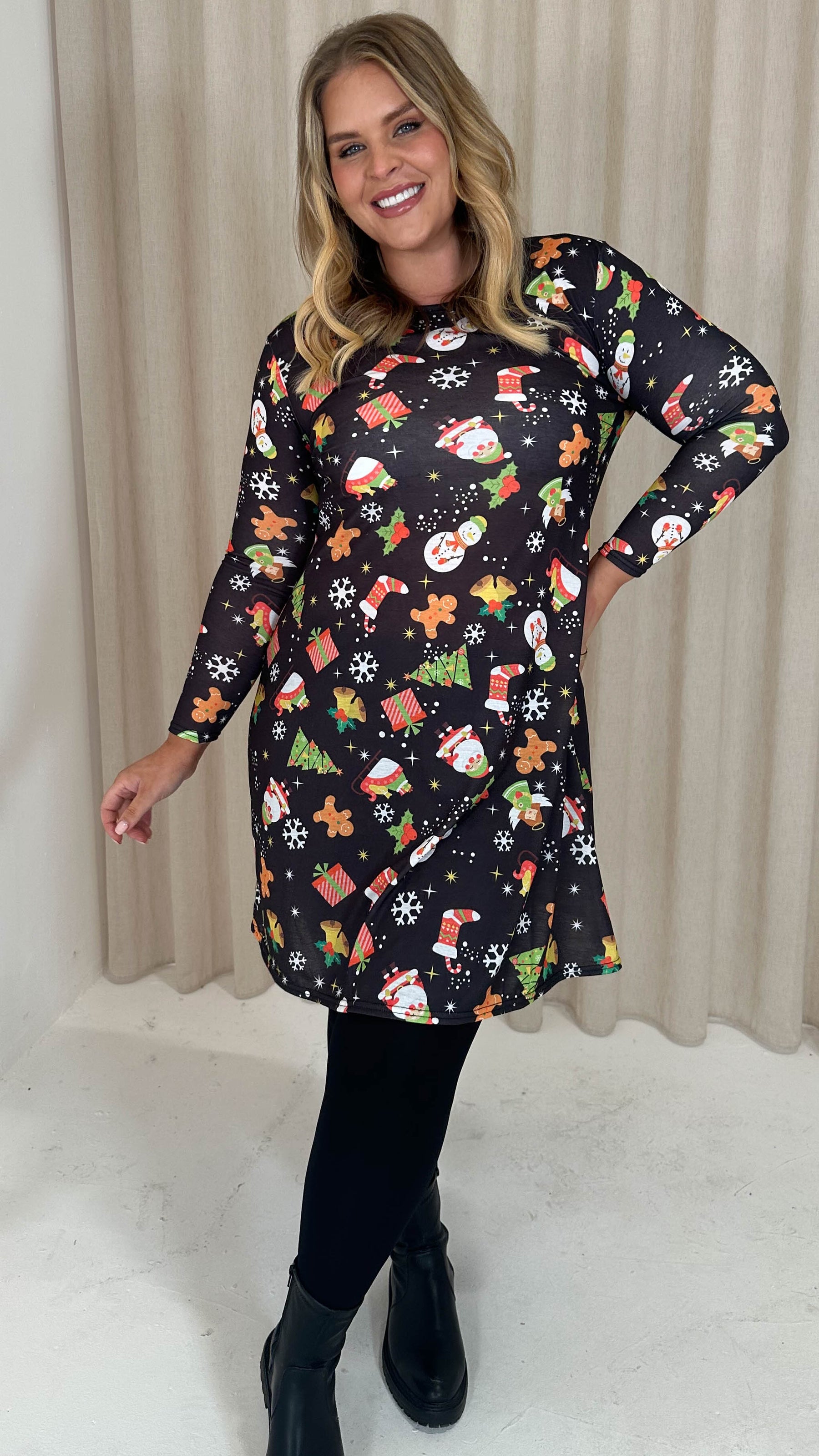 CurveWow Long Sleeve Swing Dress Black Christmas Print – Curvewow
