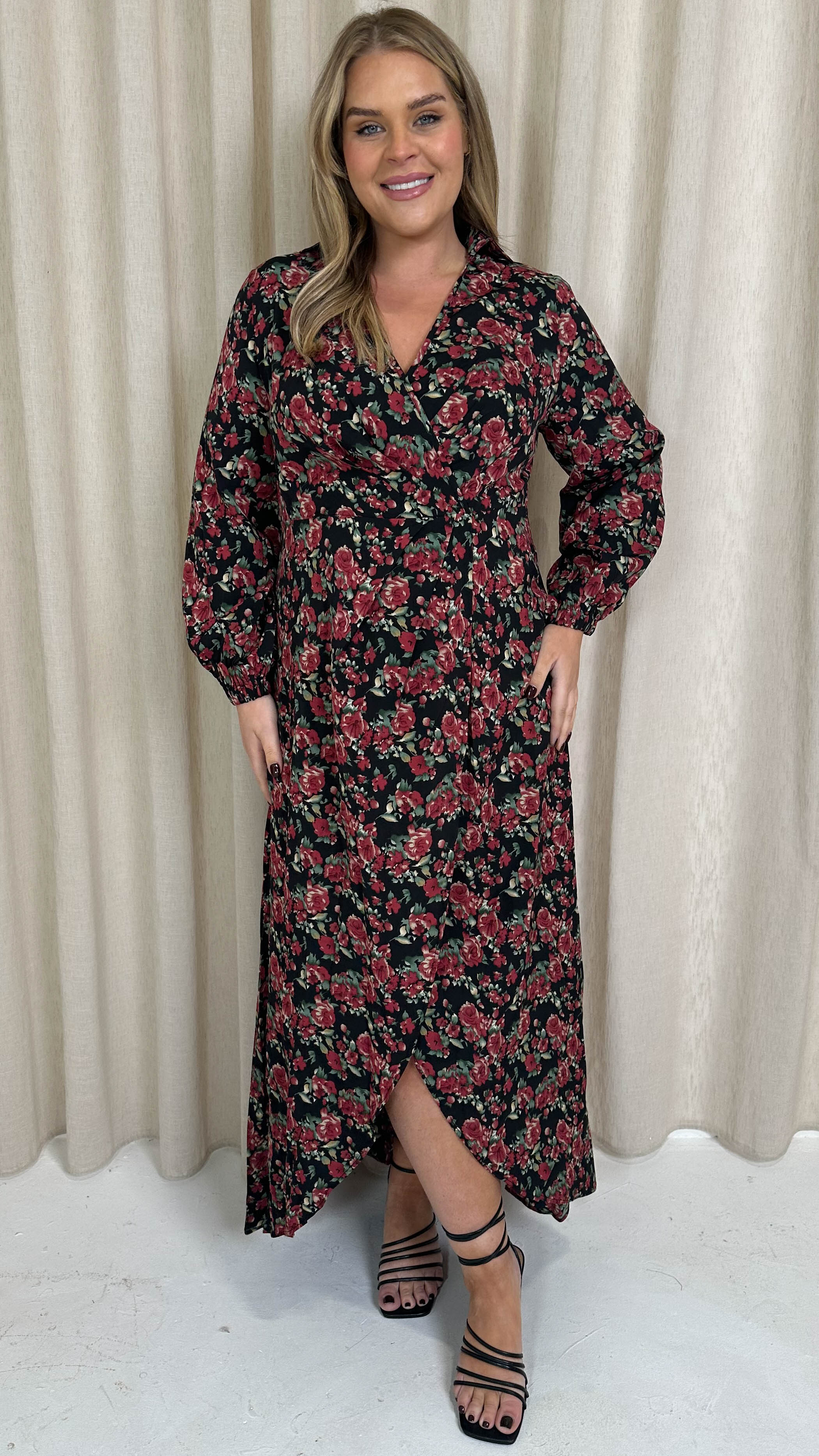 CurveWow Collared Wrap Printed Maxi Dress Black & Red Floral
