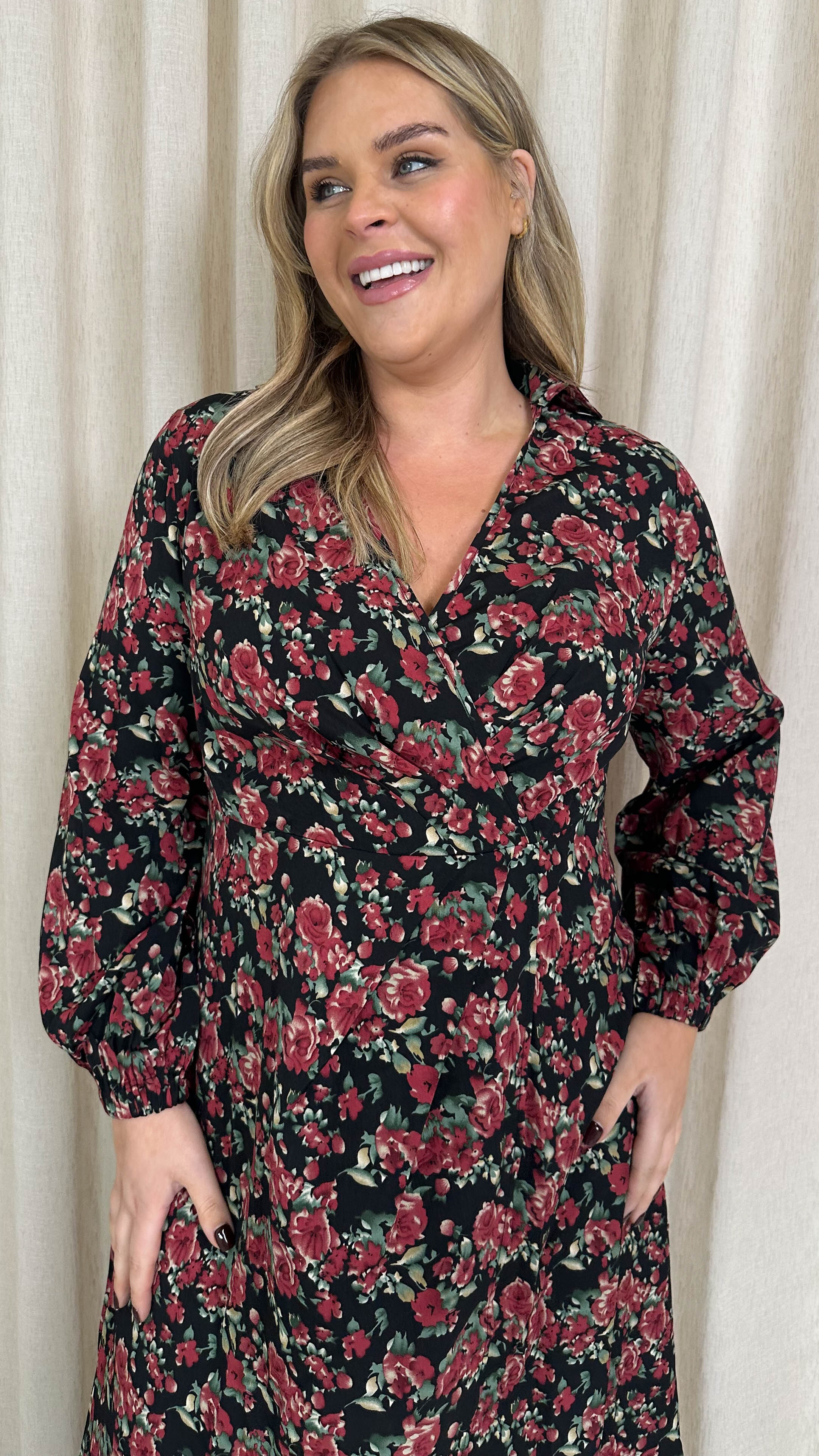 CurveWow Collared Wrap Printed Maxi Dress Black & Red Floral