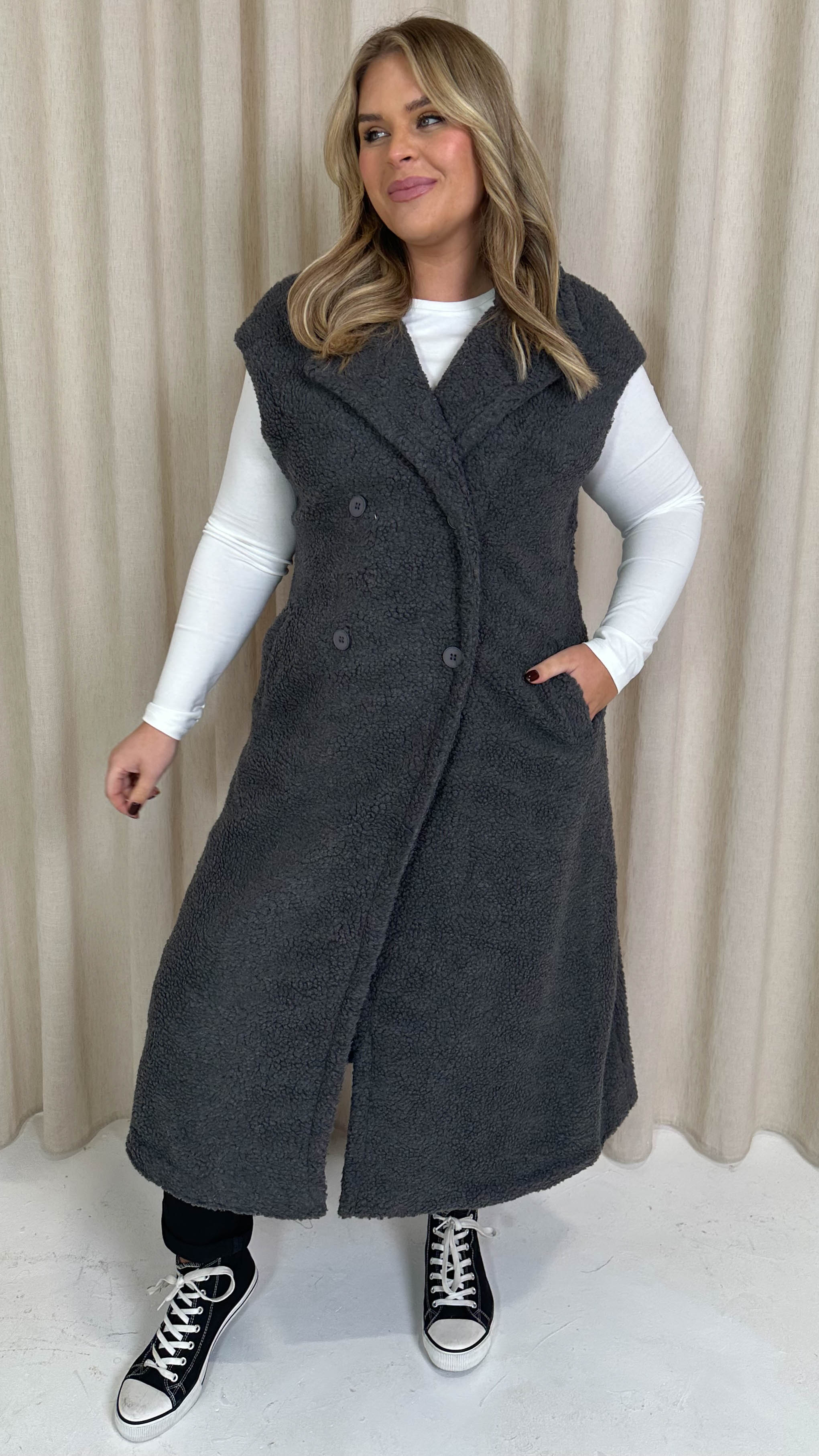 CurveWow Button Front Teddy Gilet Grey