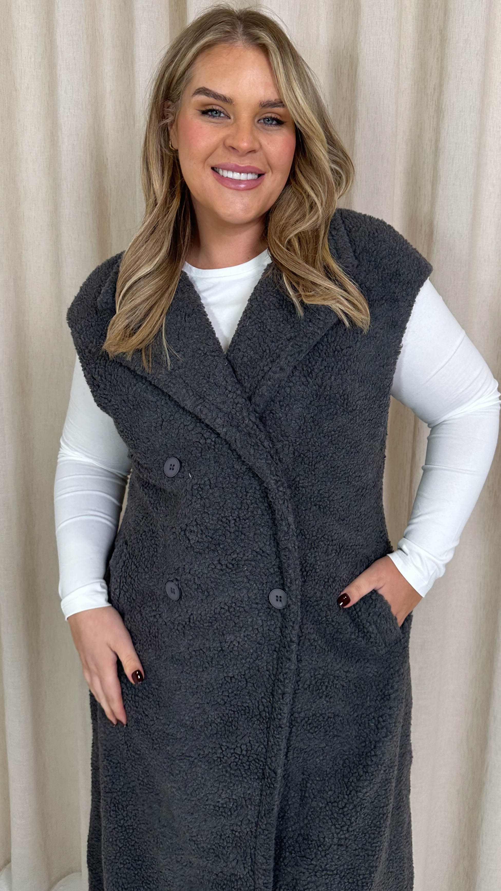 CurveWow Button Front Teddy Gilet Grey