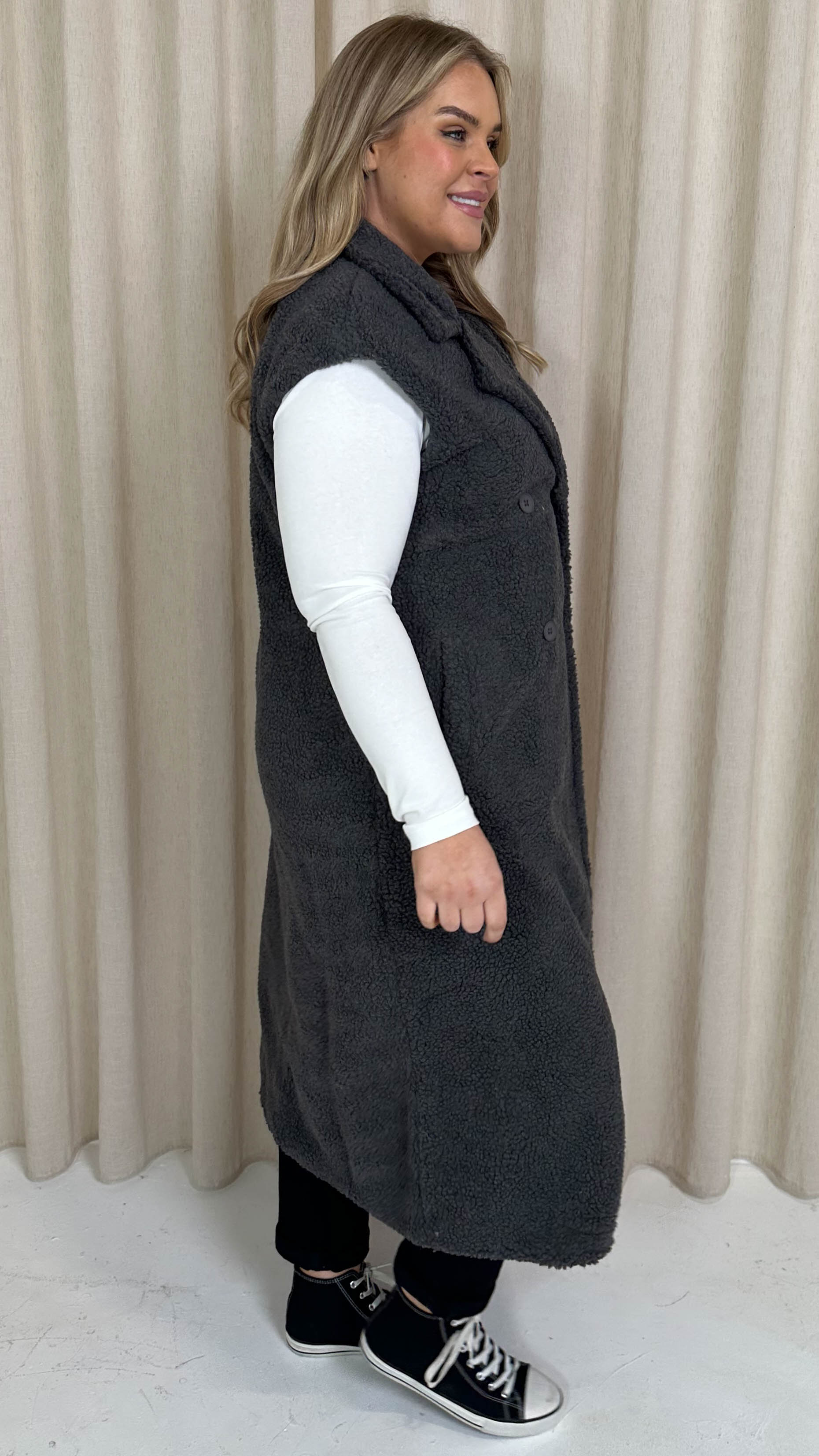 CurveWow Button Front Teddy Gilet Grey