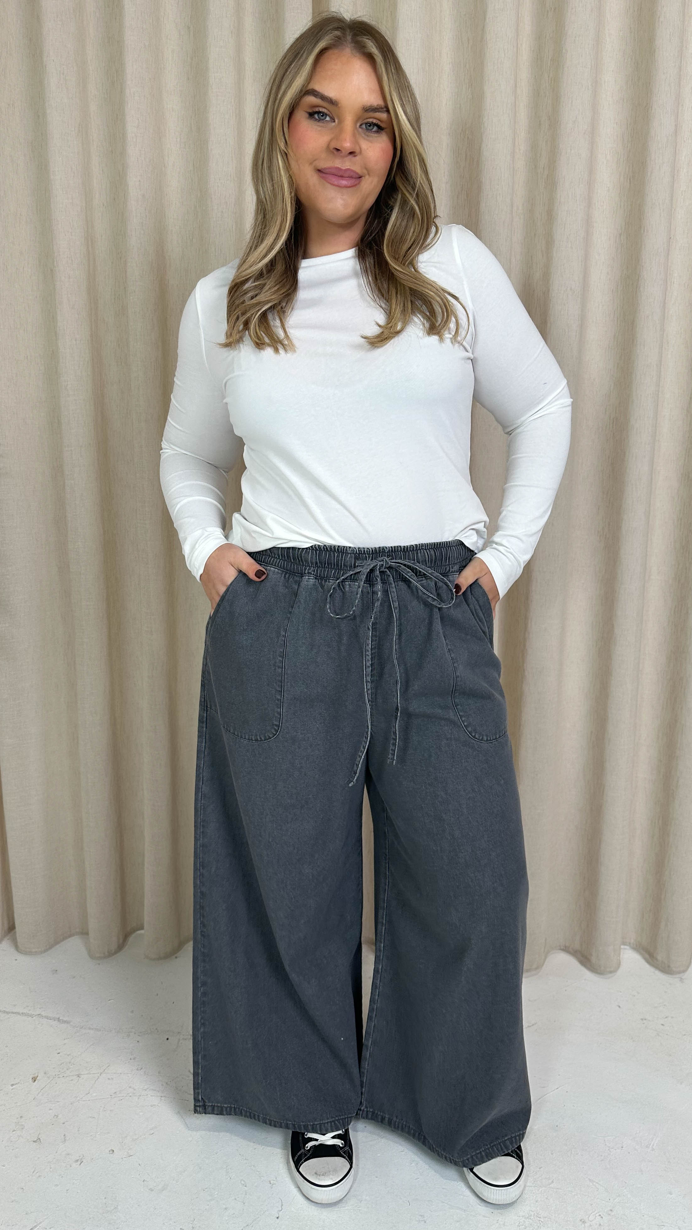 CurveWow Chambray Wide Leg Trousers Grey Wash