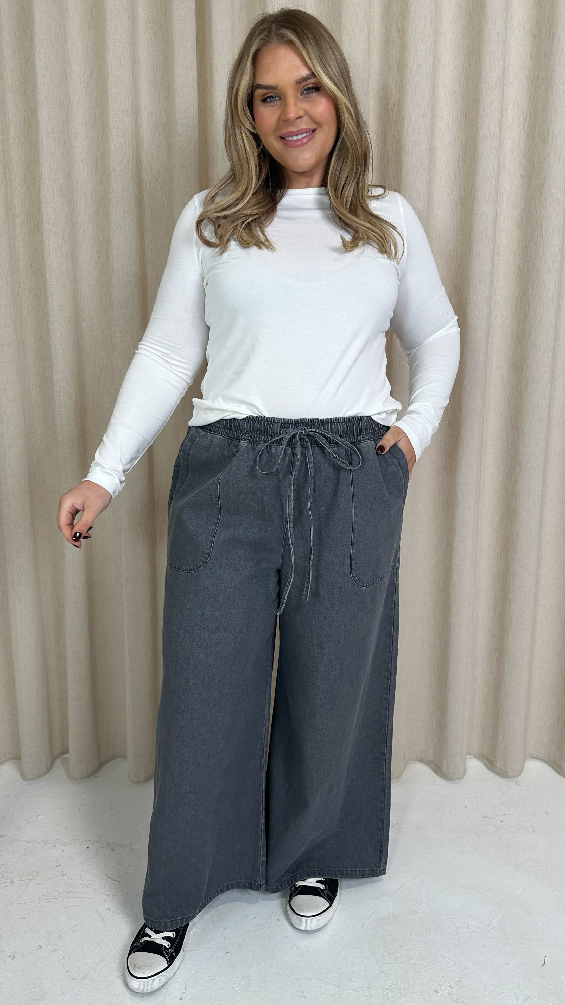 CurveWow Chambray Wide Leg Trousers Grey Wash