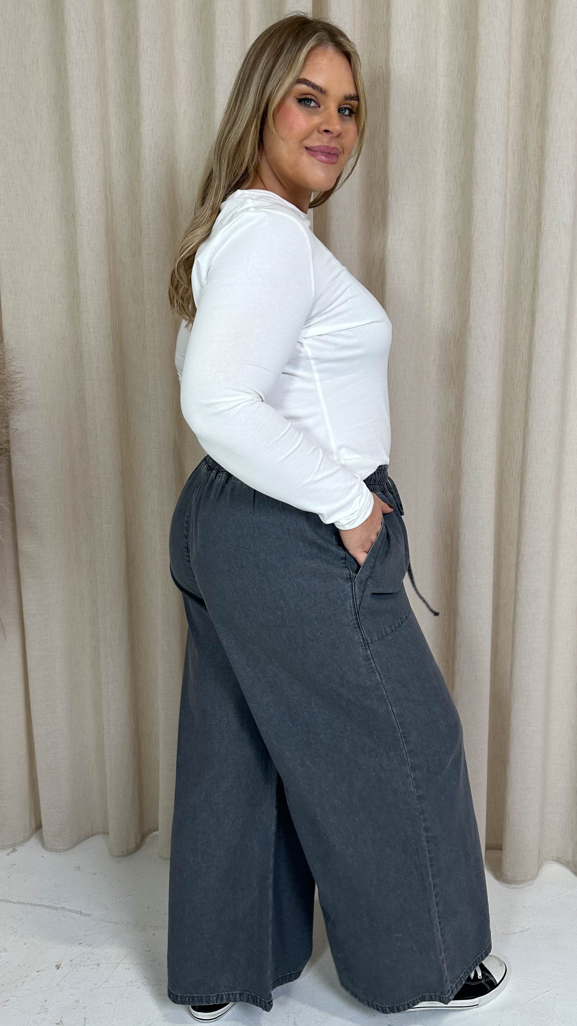 CurveWow Chambray Wide Leg Trousers Grey Wash