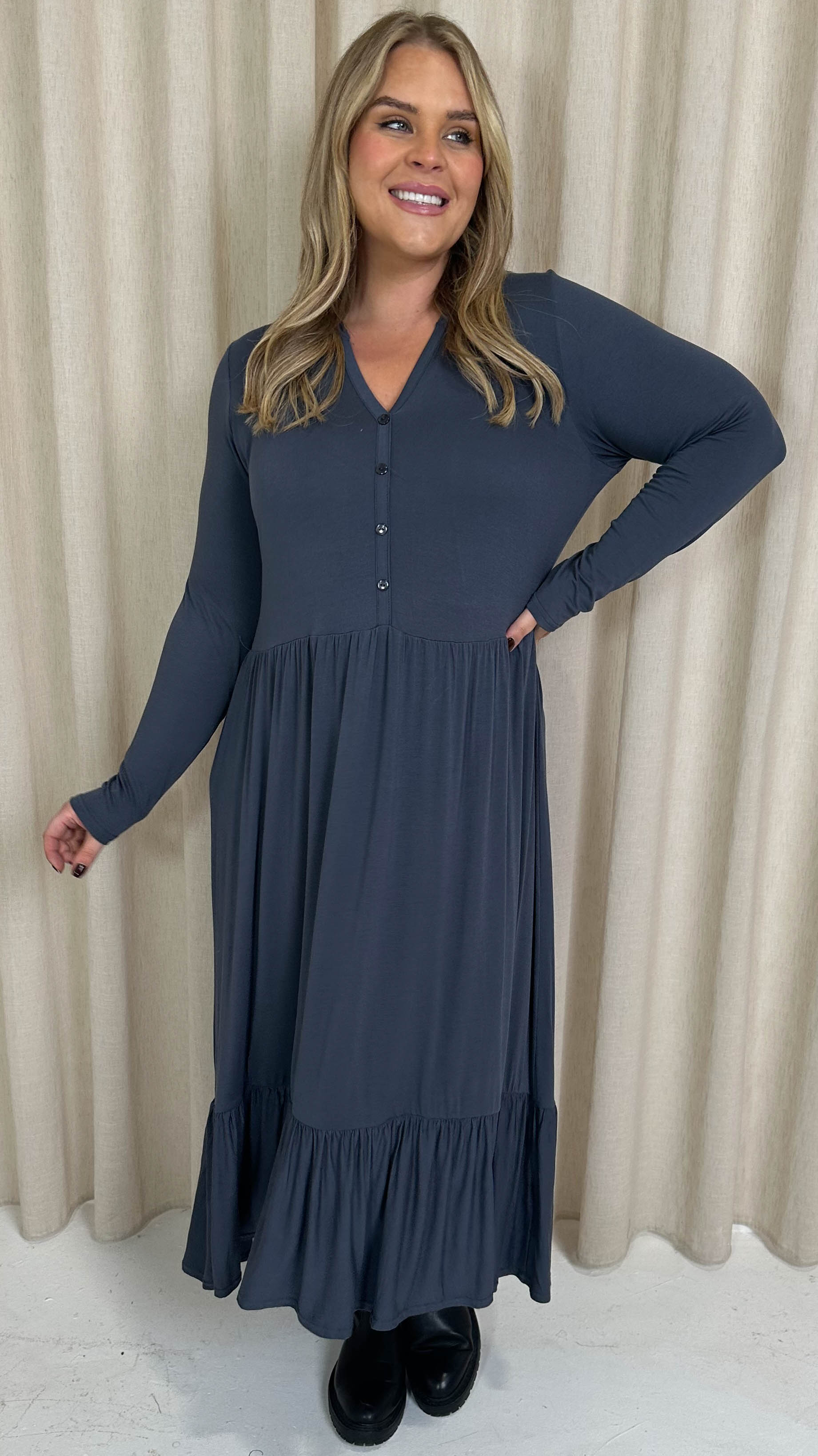 CurveWow Collared Button Smock Dress Slate Grey