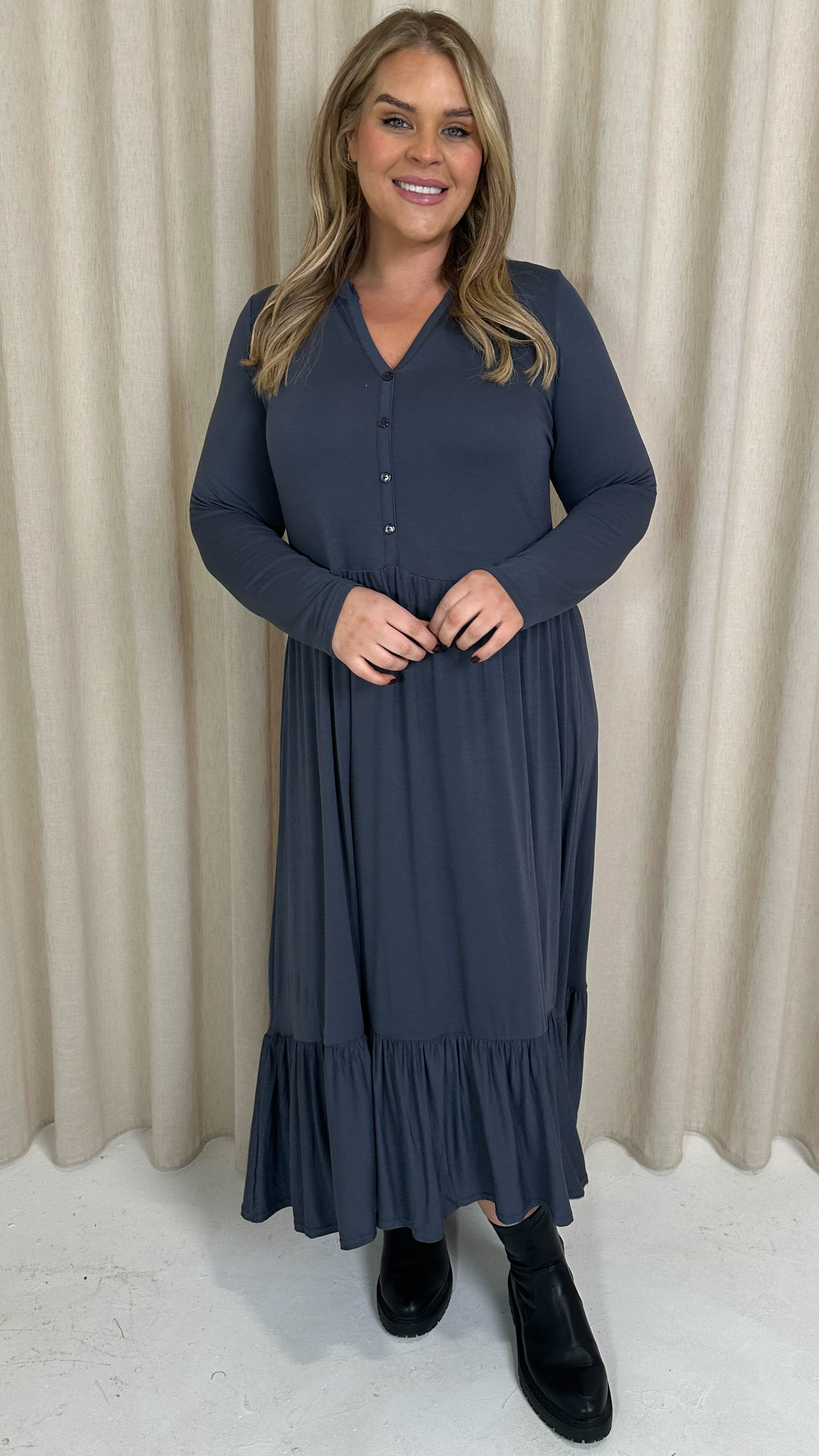 CurveWow Collared Button Smock Dress Slate Grey