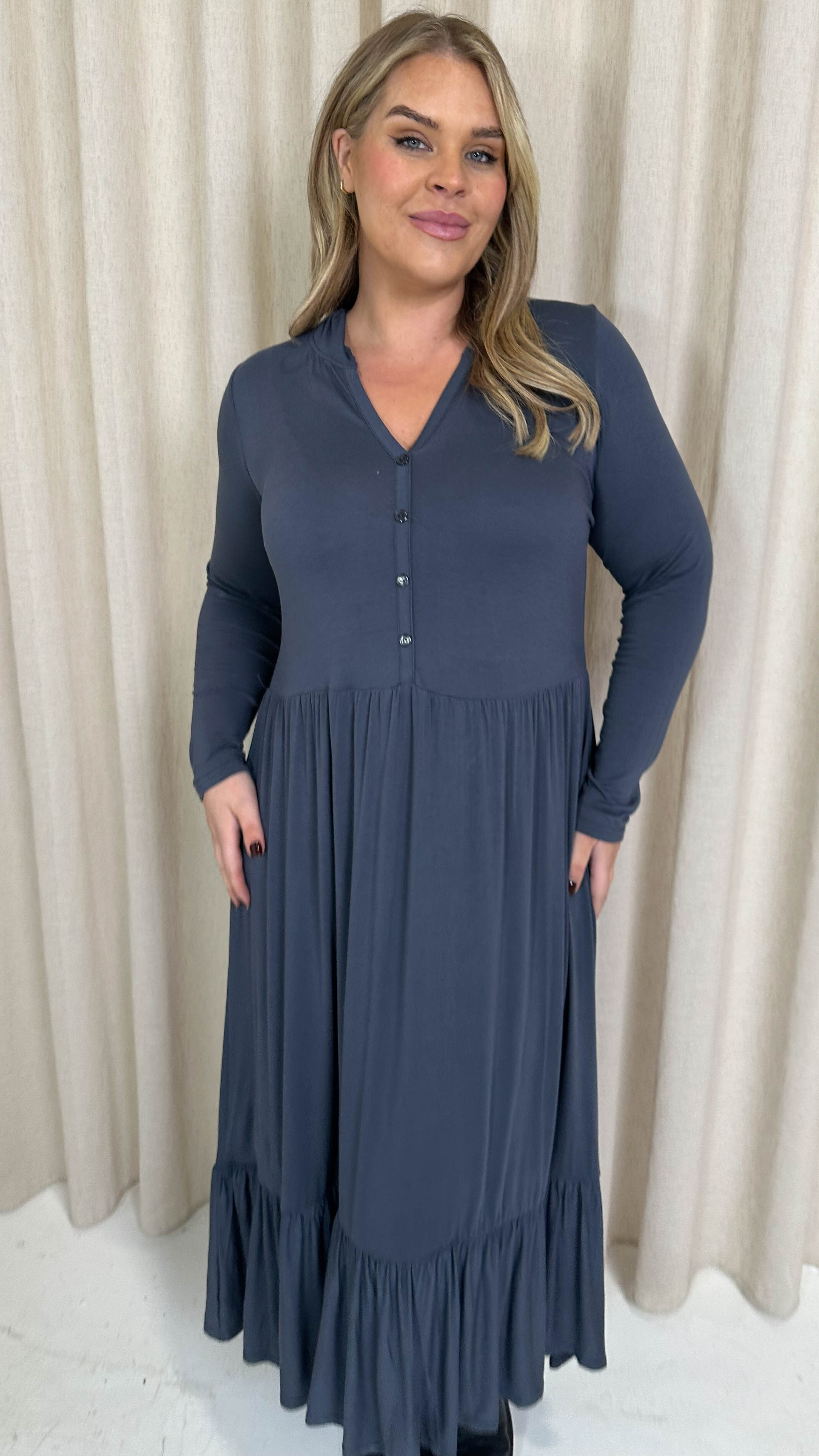 CurveWow Collared Button Smock Dress Slate Grey