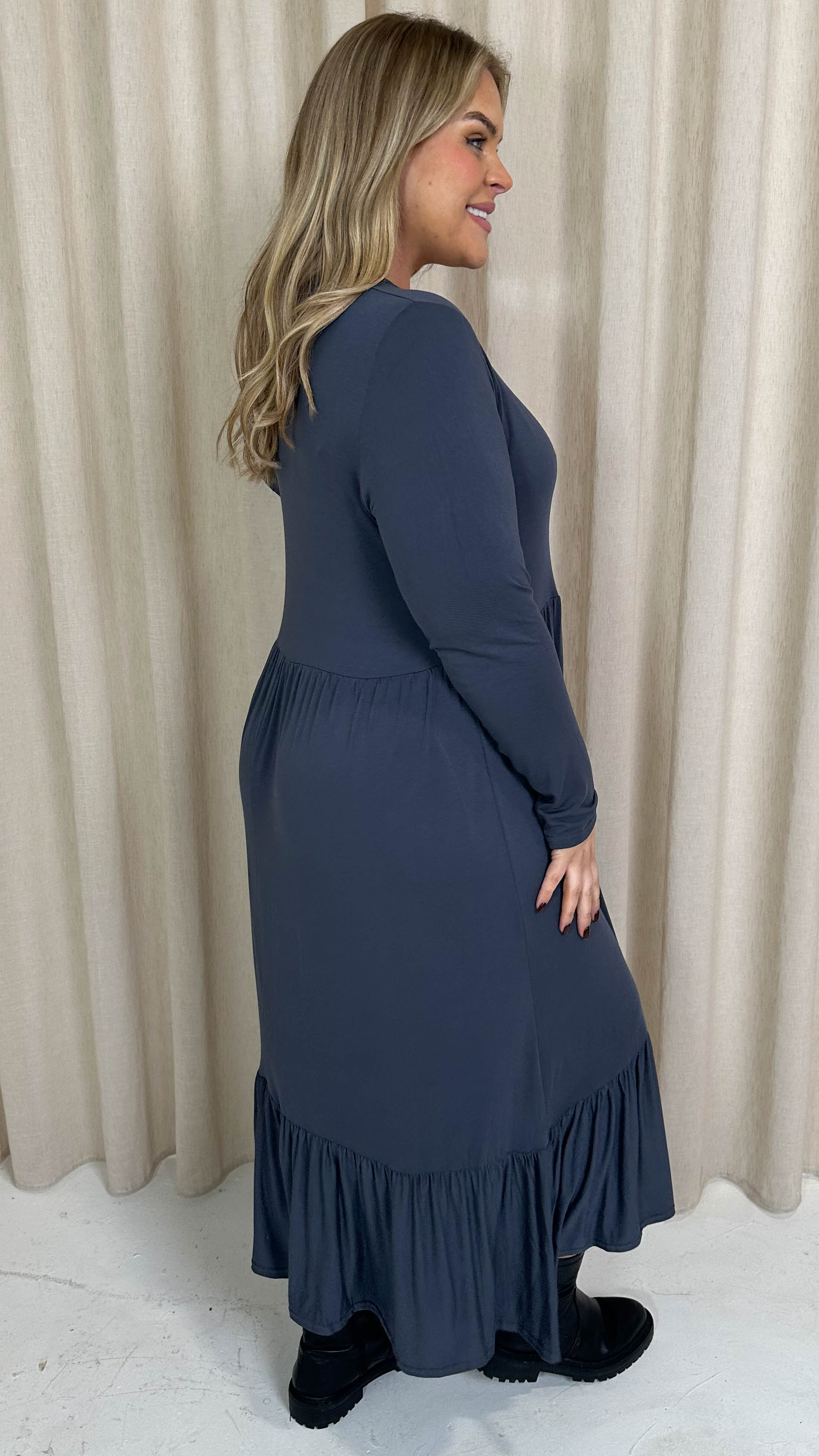 CurveWow Collared Button Smock Dress Slate Grey