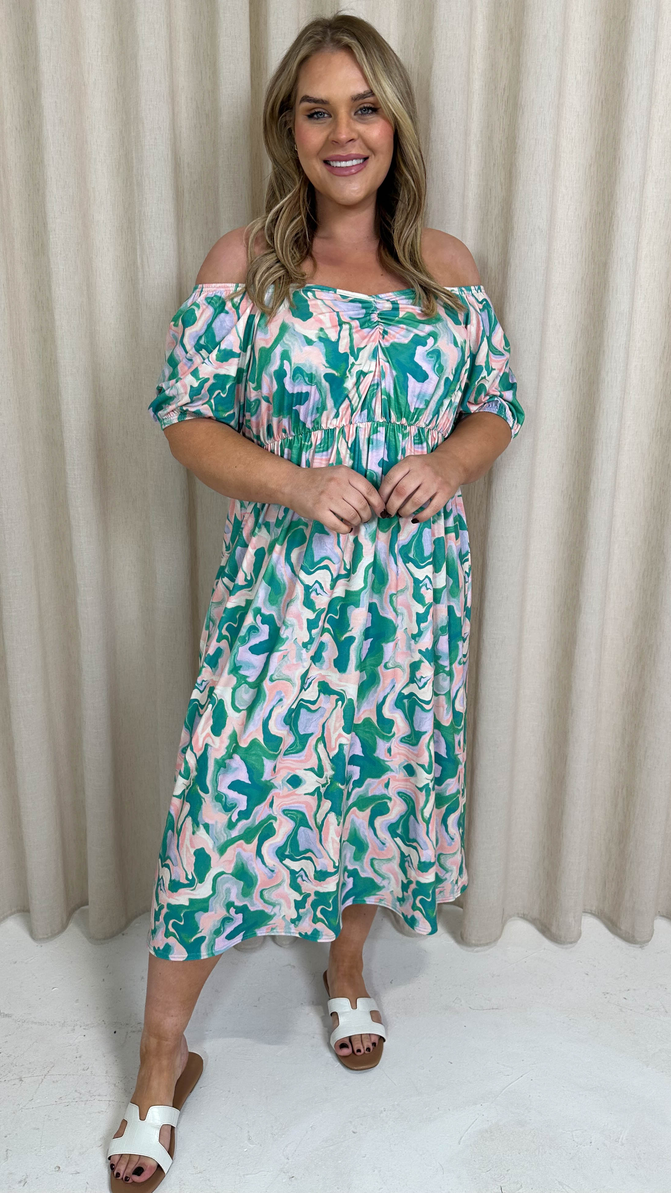 CurveWow Ruched Front Milk Maid Midi Dress Green Marble