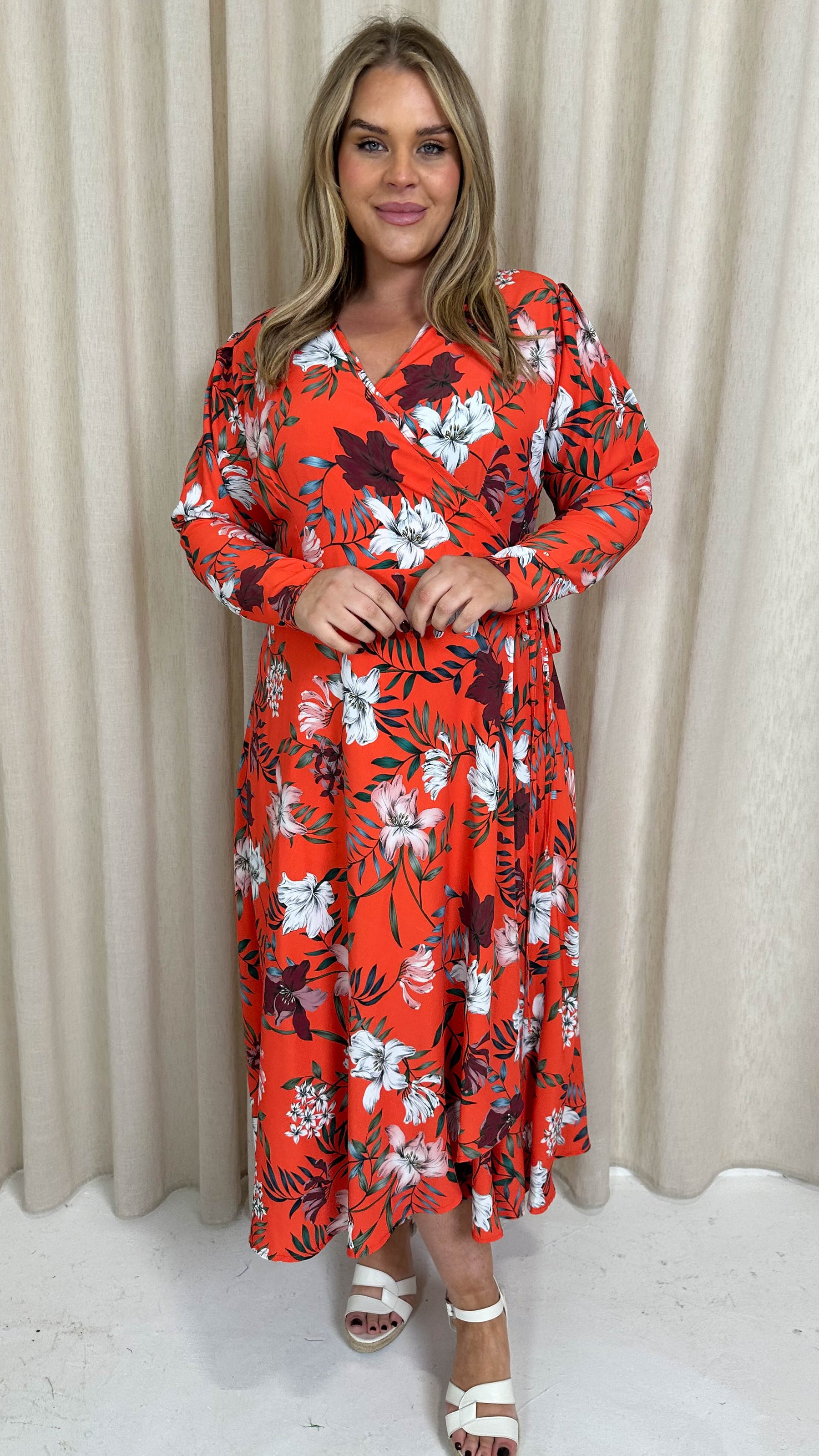 red floral long sleeve wrap dress Red Floral Wrap Dress