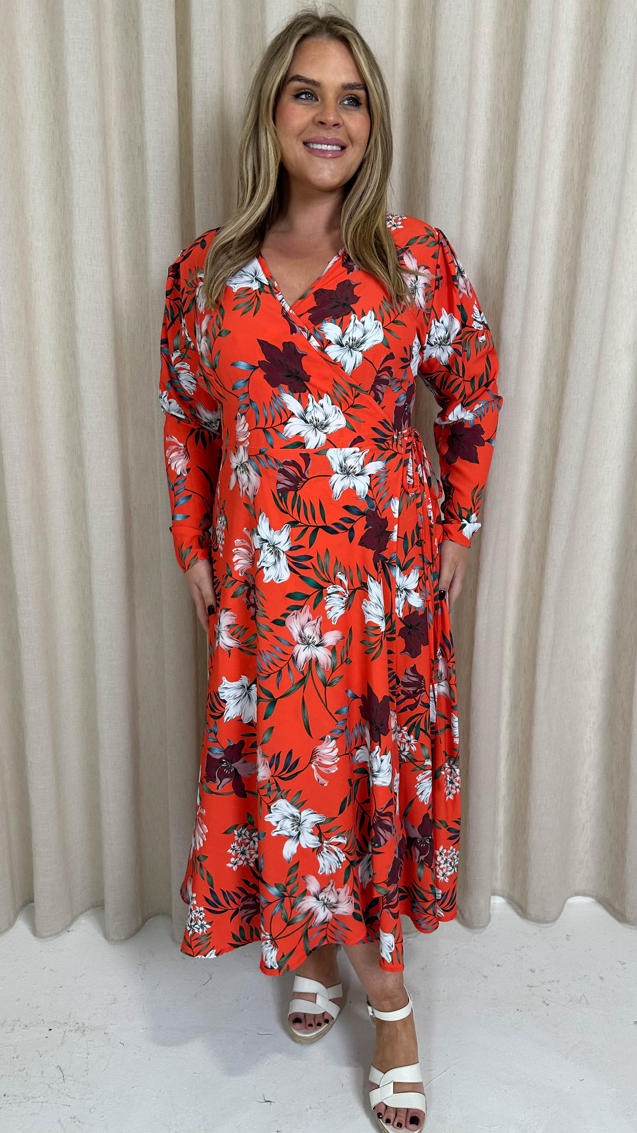 red floral long sleeve wrap dress Odana's | PEONY