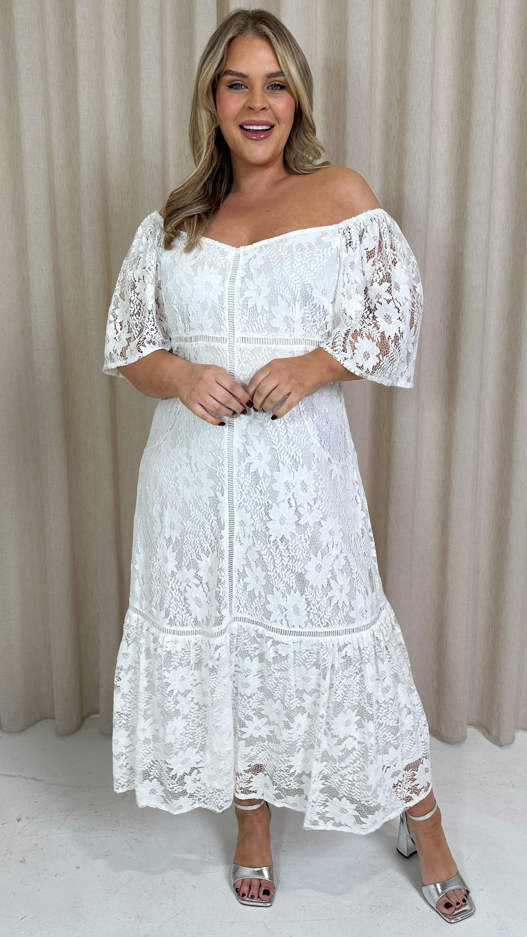 CurveWow Lace Frill Hem Midaxi Dress White Curvewow CurveWow Lace Frill Hem Midaxi Dress White Curvewow