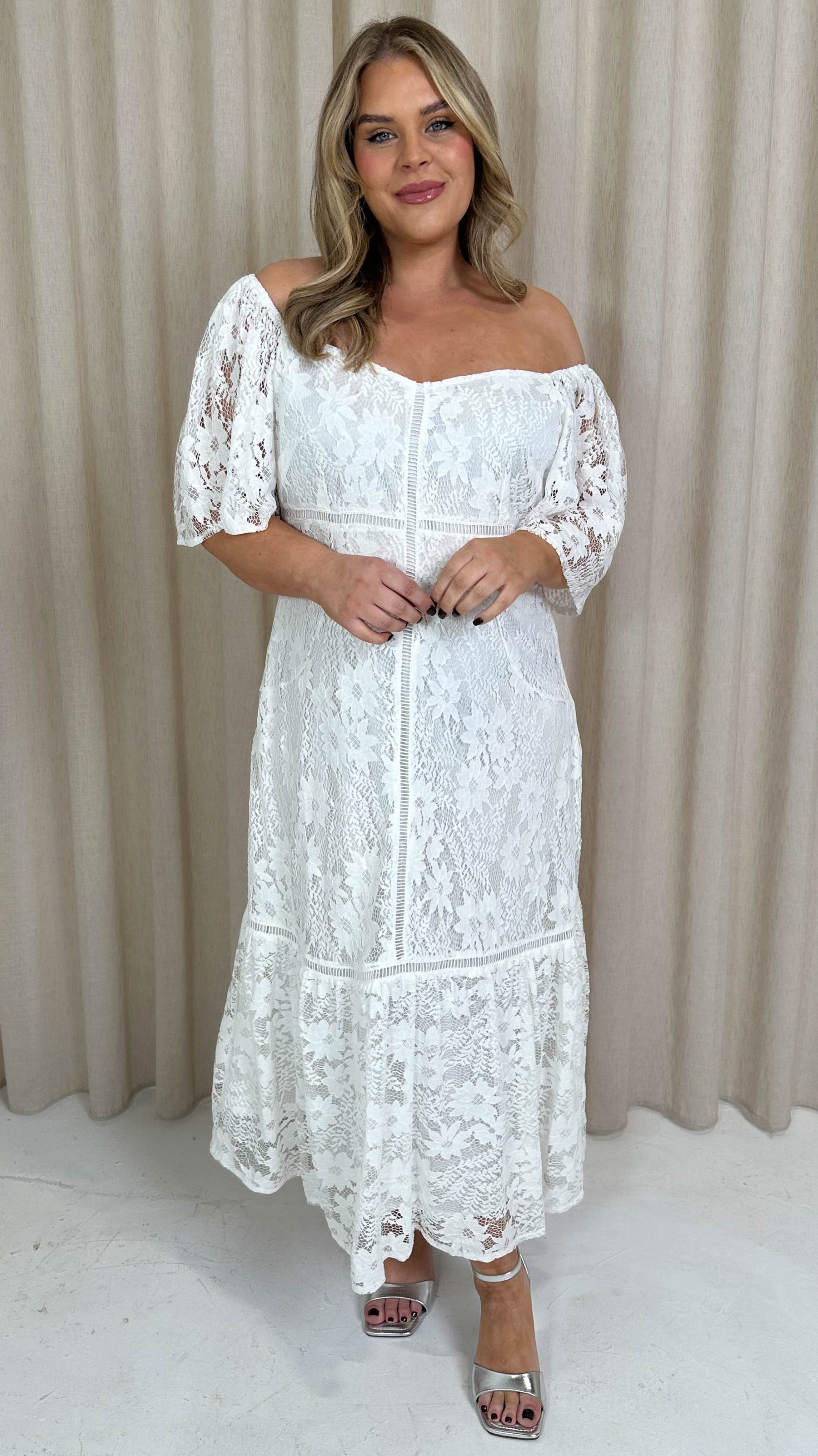 CurveWow Lace Frill Hem Midaxi Dress White Curvewow CurveWow Lace Frill Hem Midaxi Dress White Curvewow