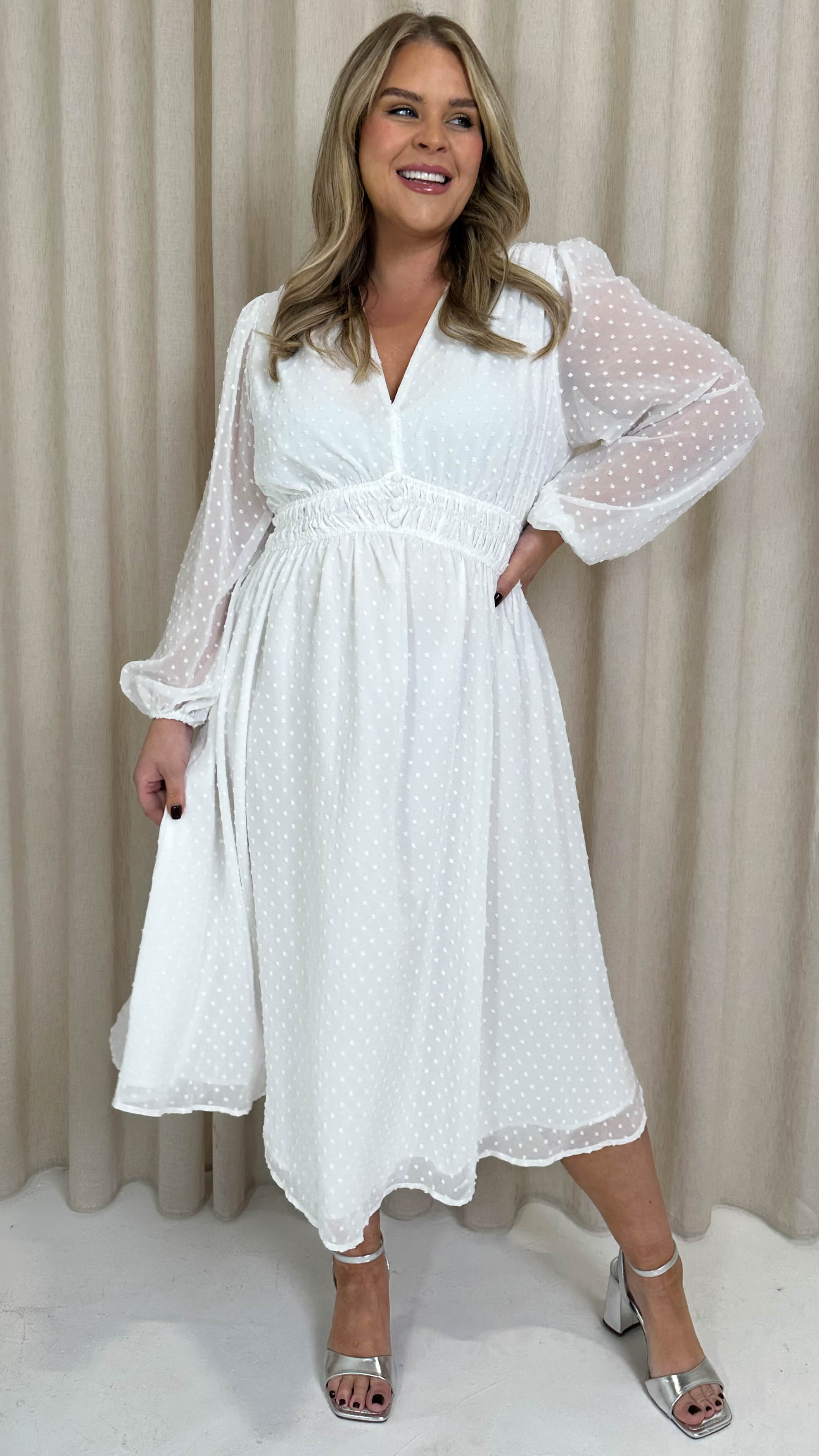 CurveWow Dobby Shirred Bodice Midi Dress White