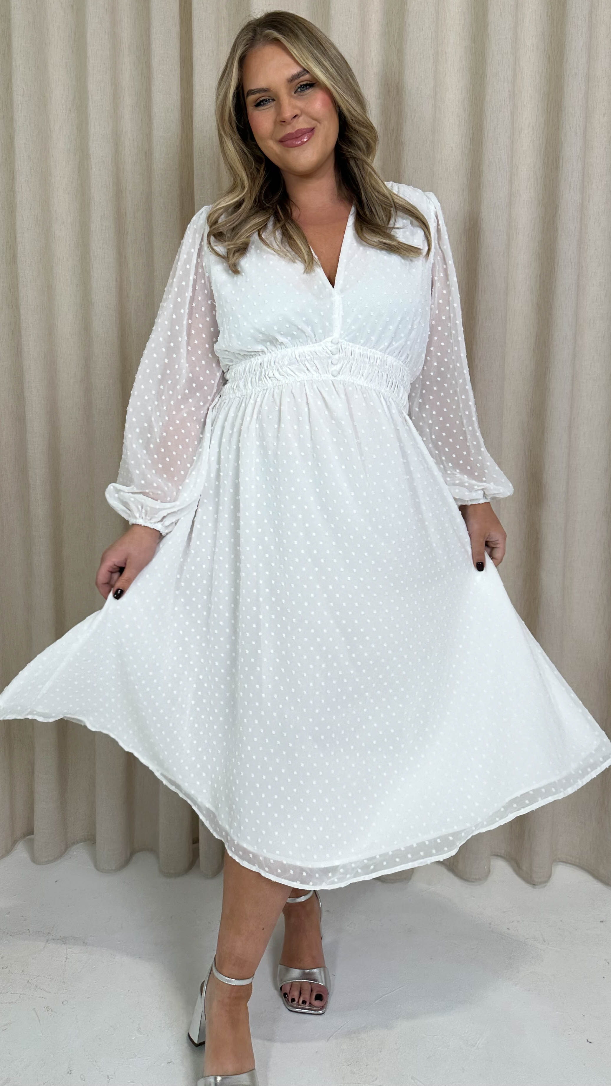 CurveWow Dobby Shirred Bodice Midi Dress White