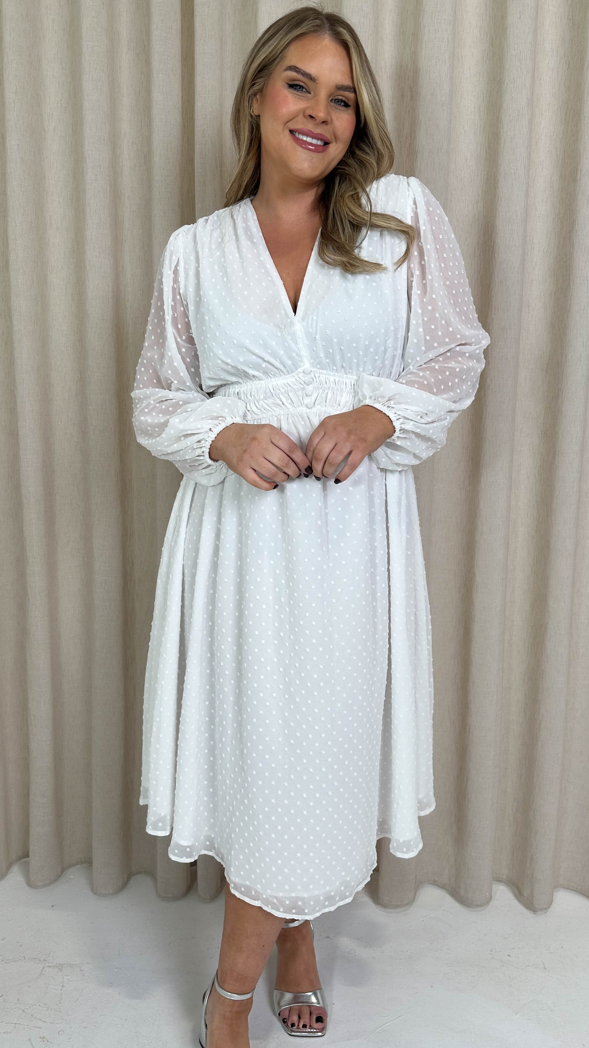 CurveWow Dobby Shirred Bodice Midi Dress White