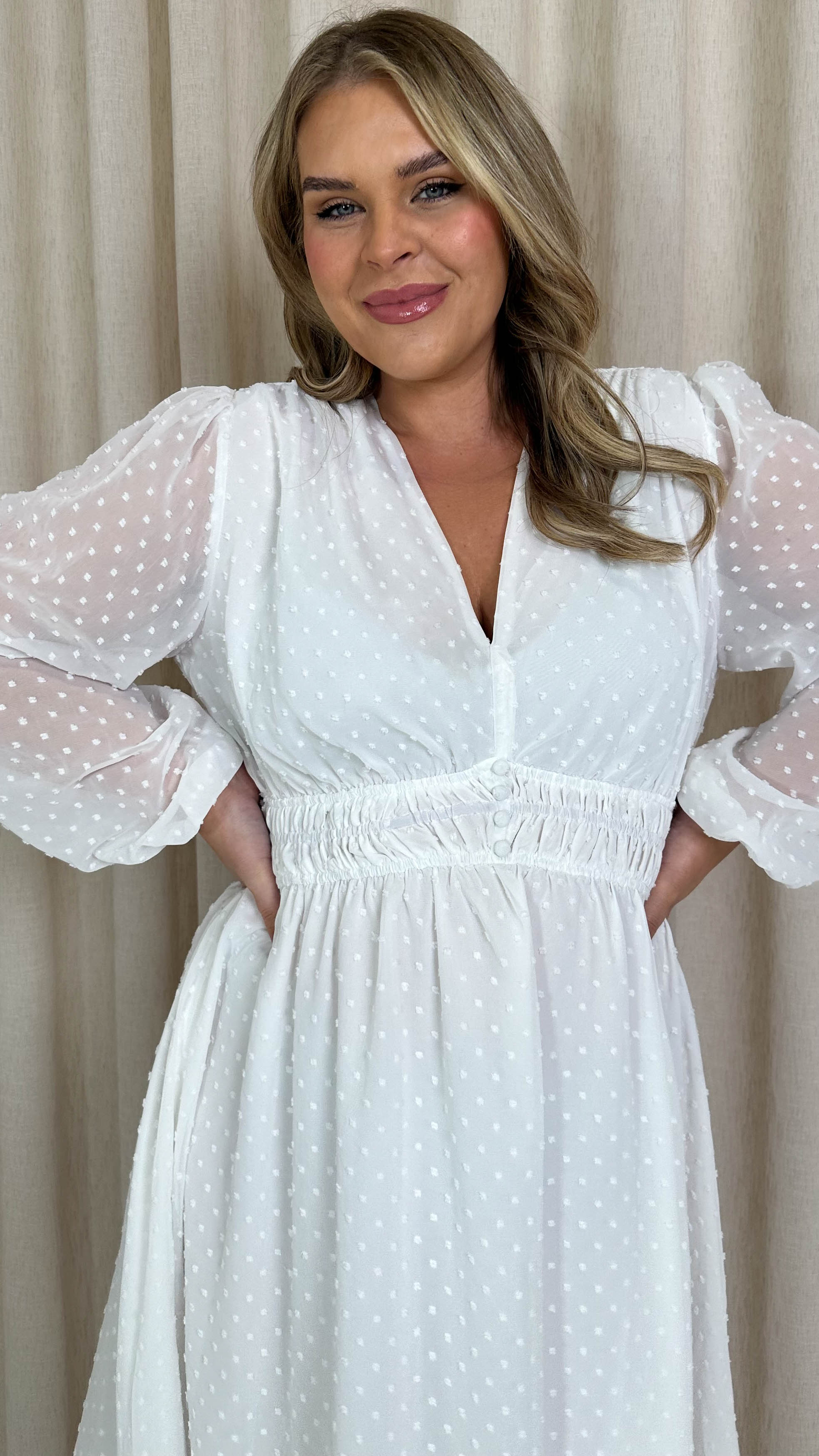 CurveWow Dobby Shirred Bodice Midi Dress White