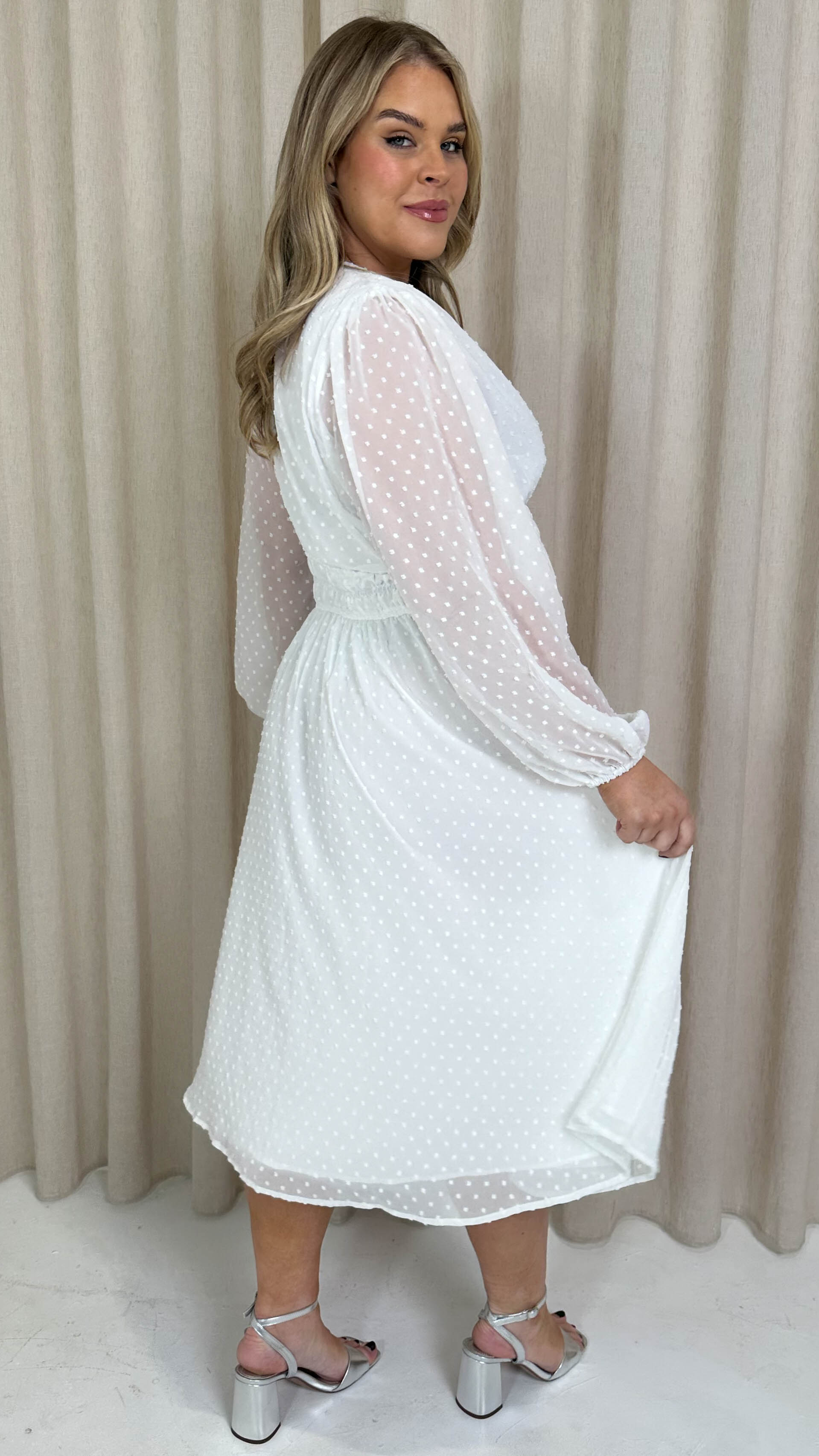 CurveWow Dobby Shirred Bodice Midi Dress White