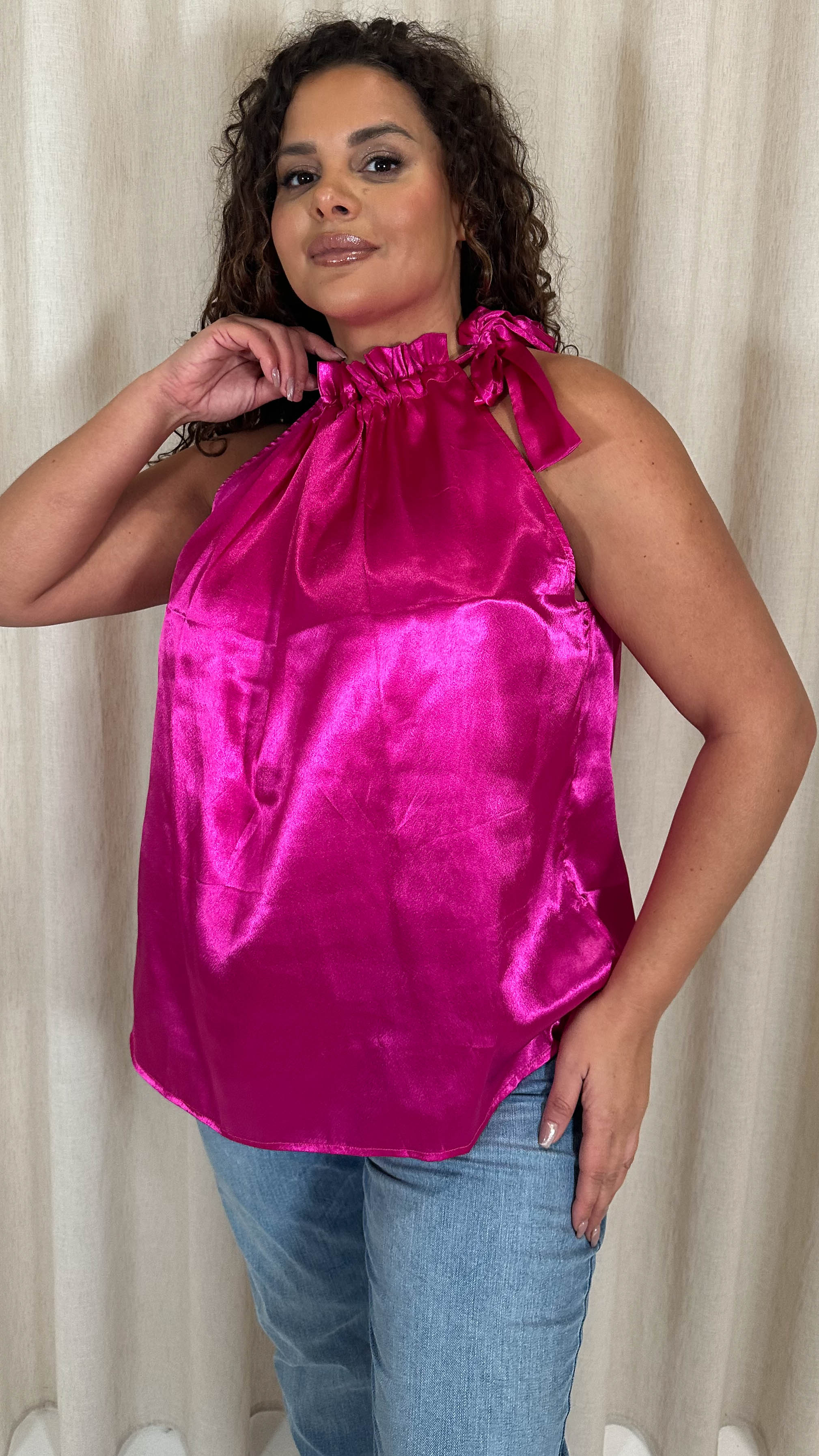 CurveWow Ruffle High Neck Tie Top Pink