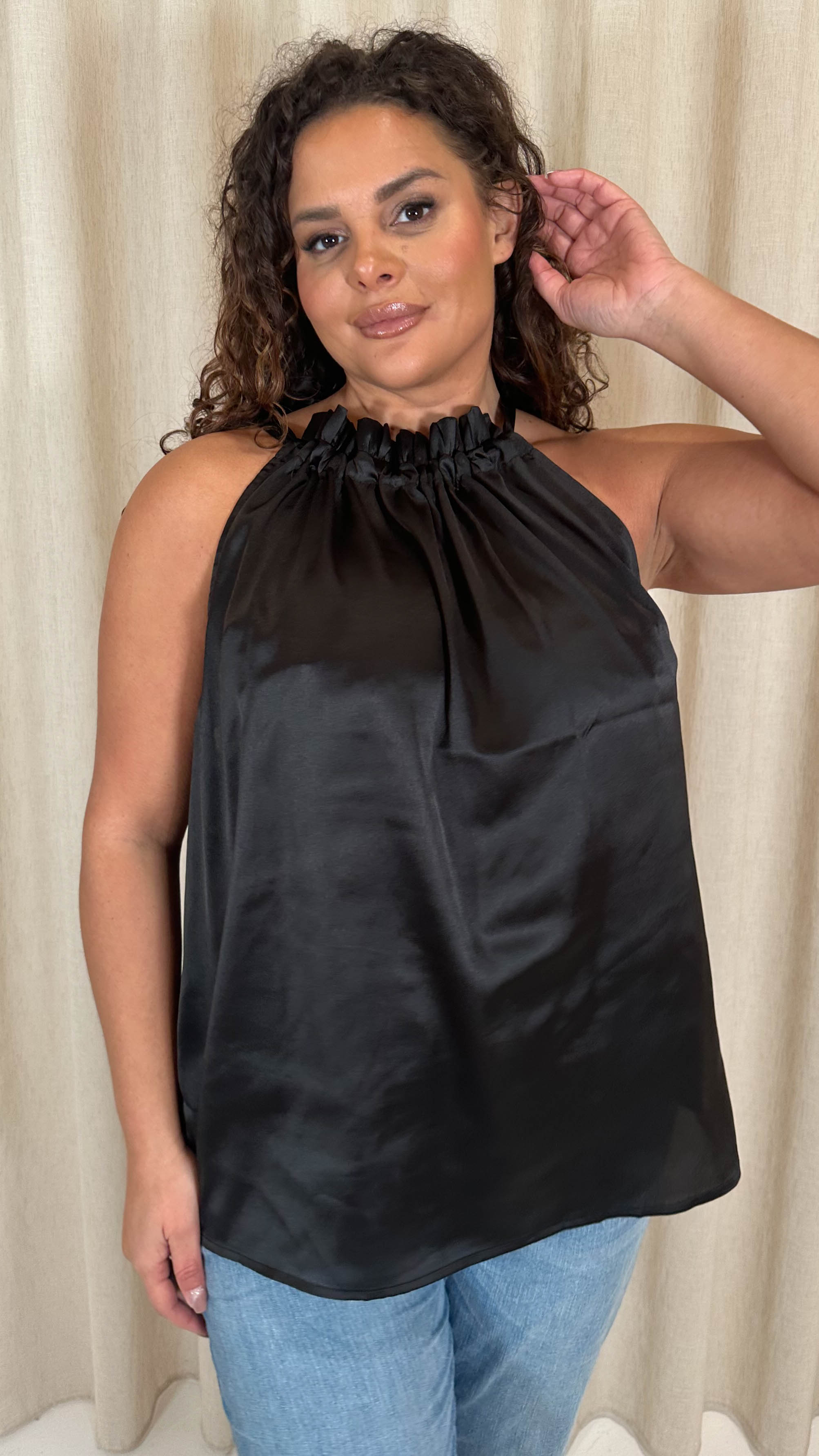 CurveWow Ruffle High Neck Tie Top Black