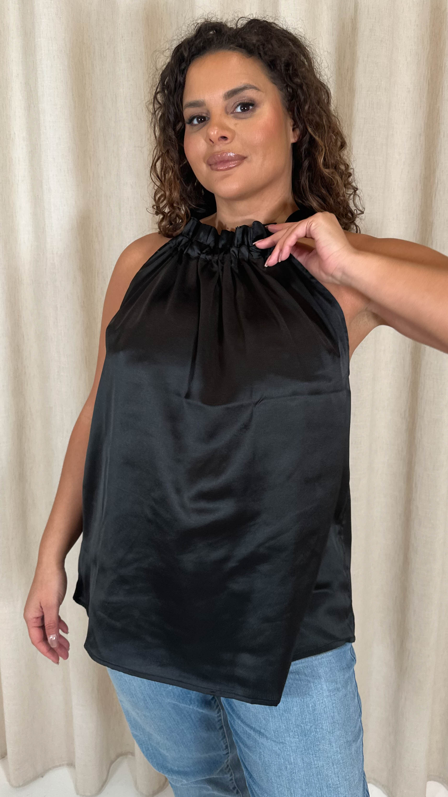 CurveWow Ruffle High Neck Tie Top Black