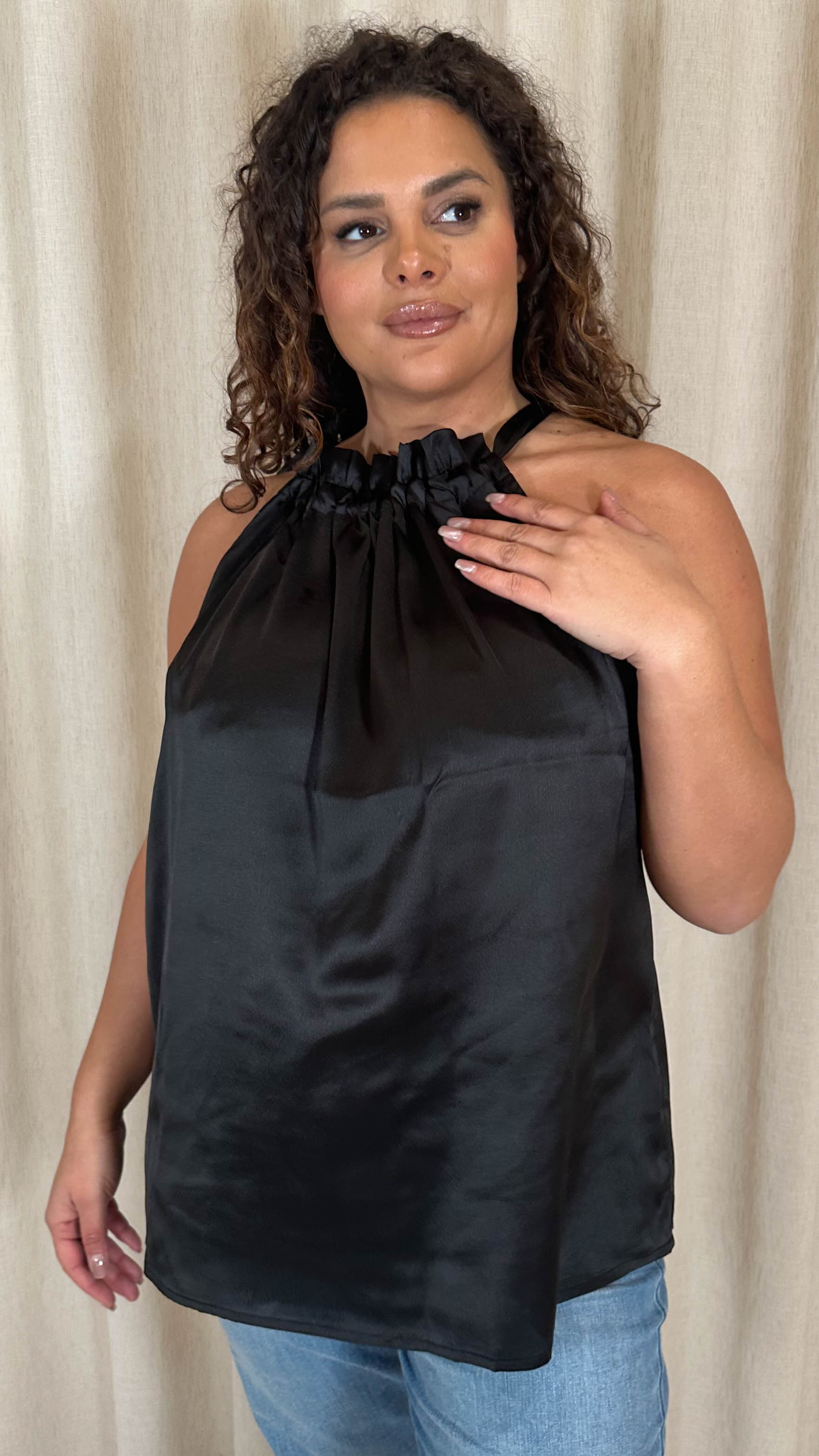 CurveWow Ruffle High Neck Tie Top Black